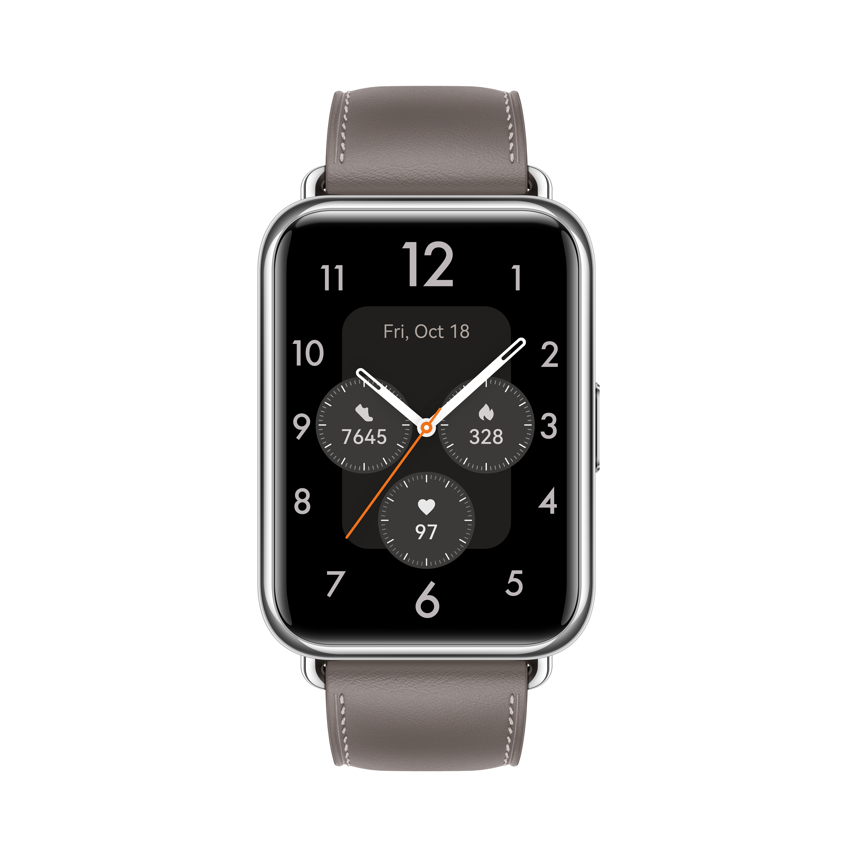 Un reloj inteligente con correa de cuero gris. La pantalla muestra la fecha y la hora.
