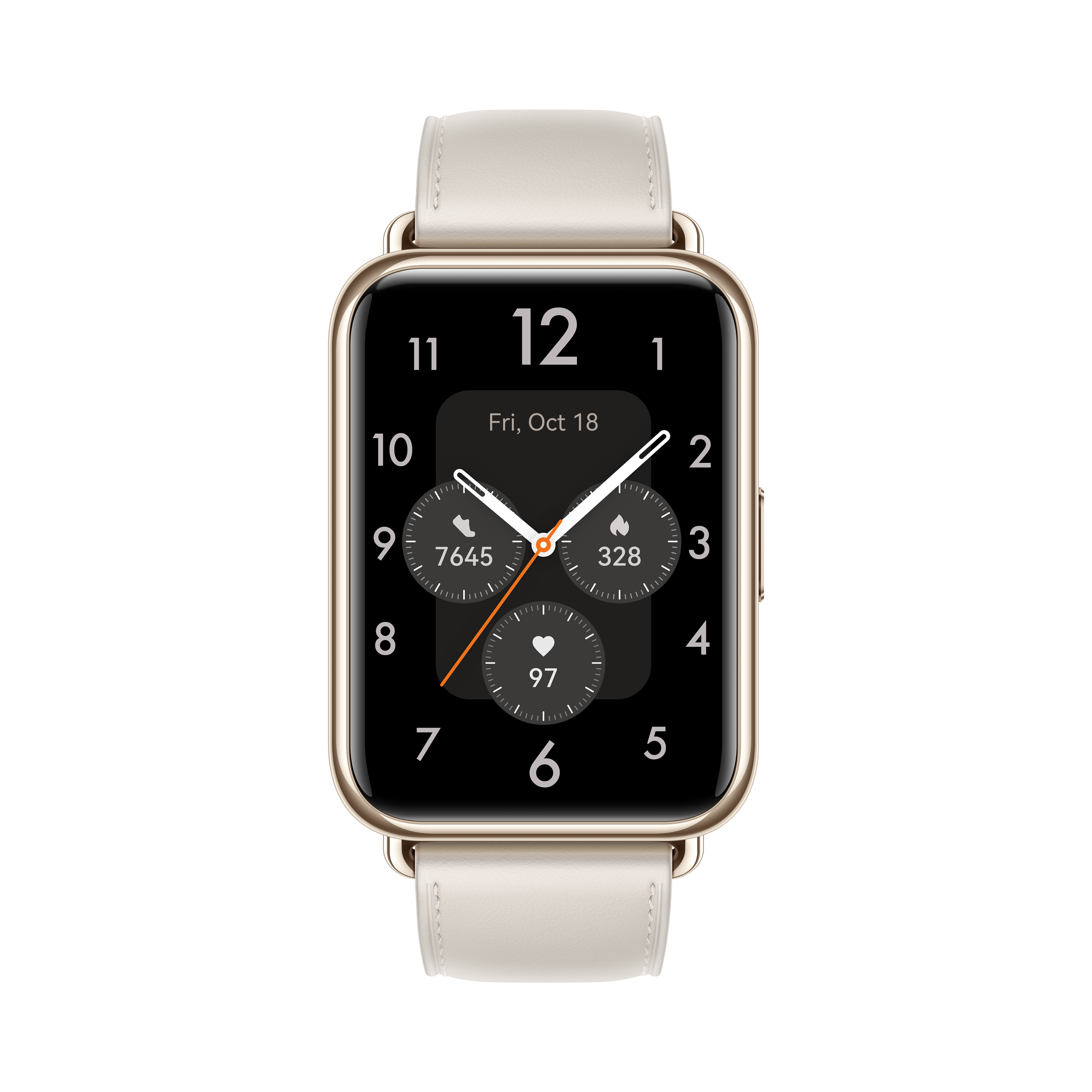 Smartwatch con caja dorada y correa blanca, mostrando hora, fecha y métricas de salud.