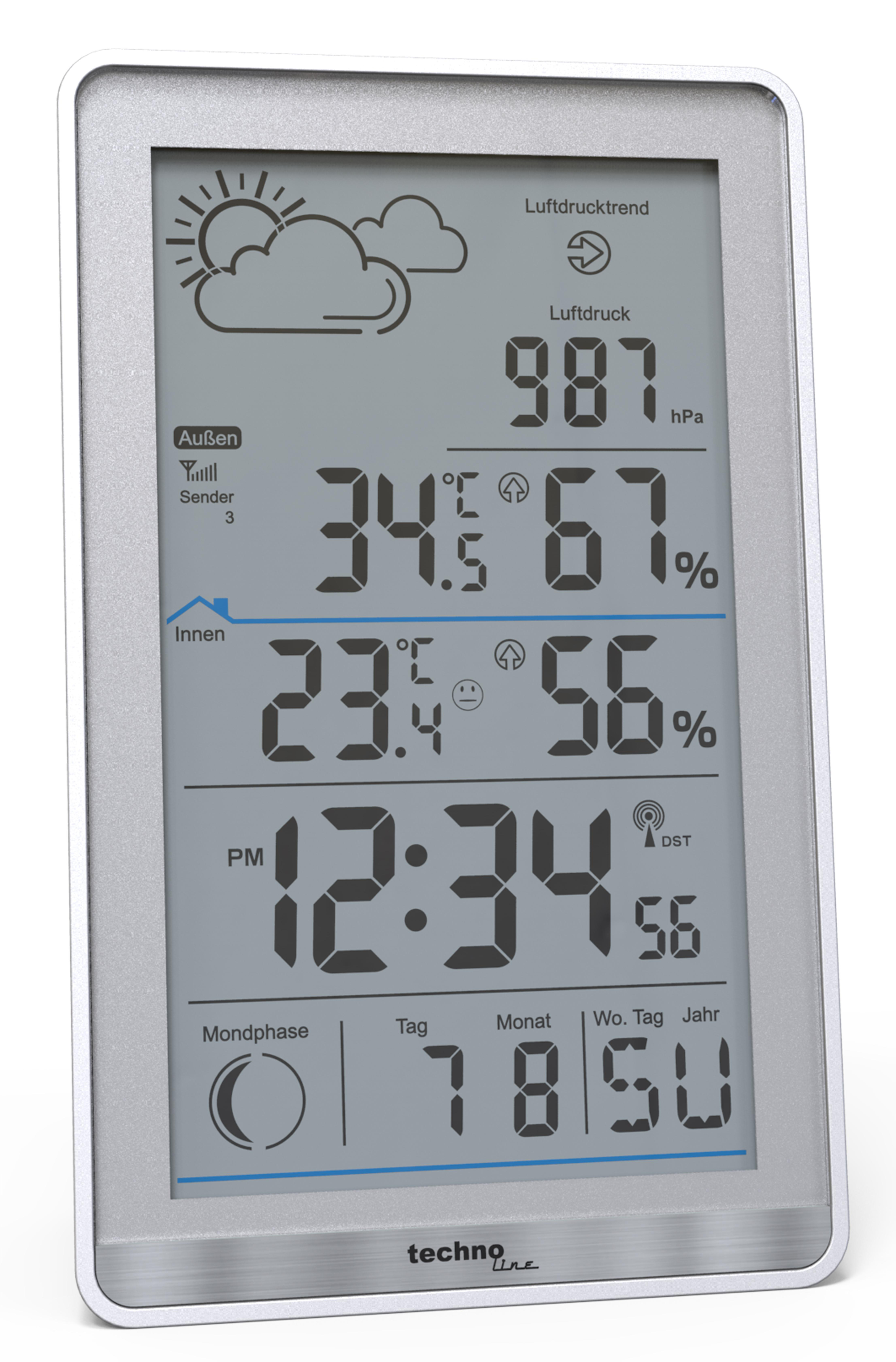 Digitale Wetterstation mit Anzeige von Temperatur, Luftfeuchtigkeit und Uhrzeit.