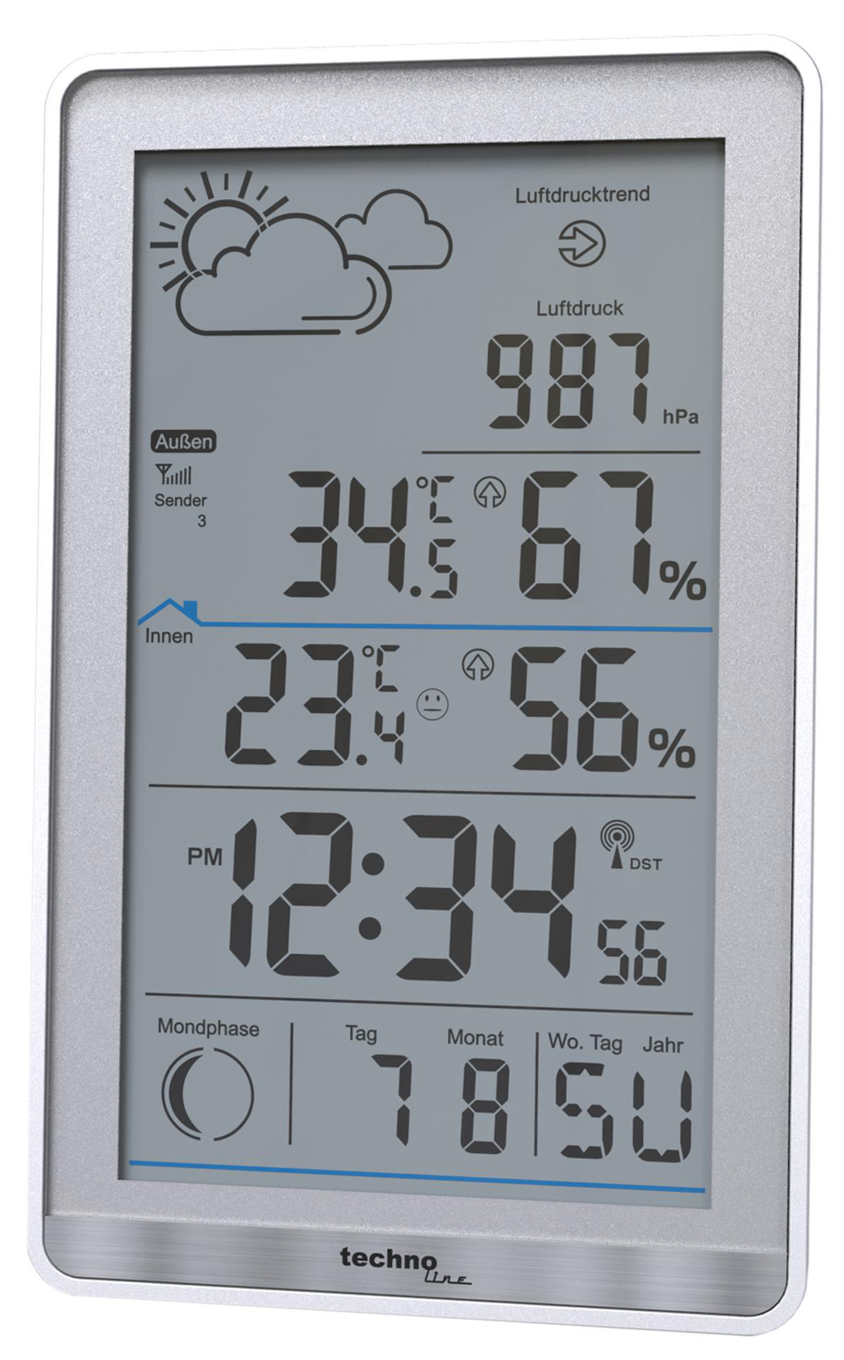 Digitale Wetterstation mit Wetteranzeigen, Temperatur, Luftfeuchtigkeit und Uhrzeit in silbernem Rahmen.