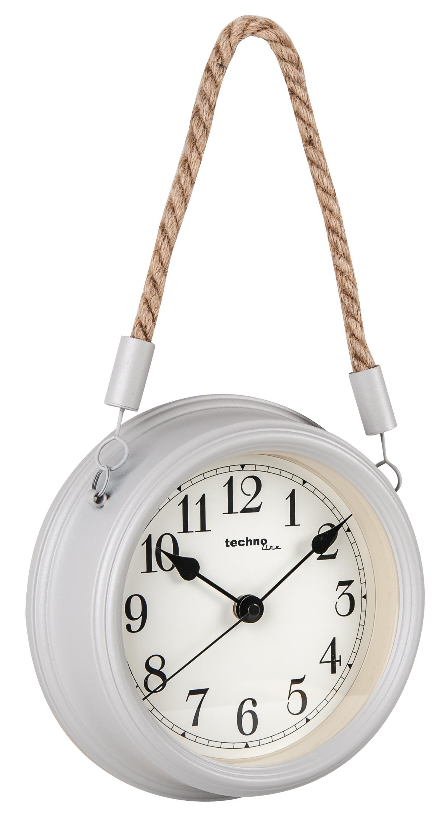 Eine weiße Wanduhr mit einem Seil zum Aufhängen.