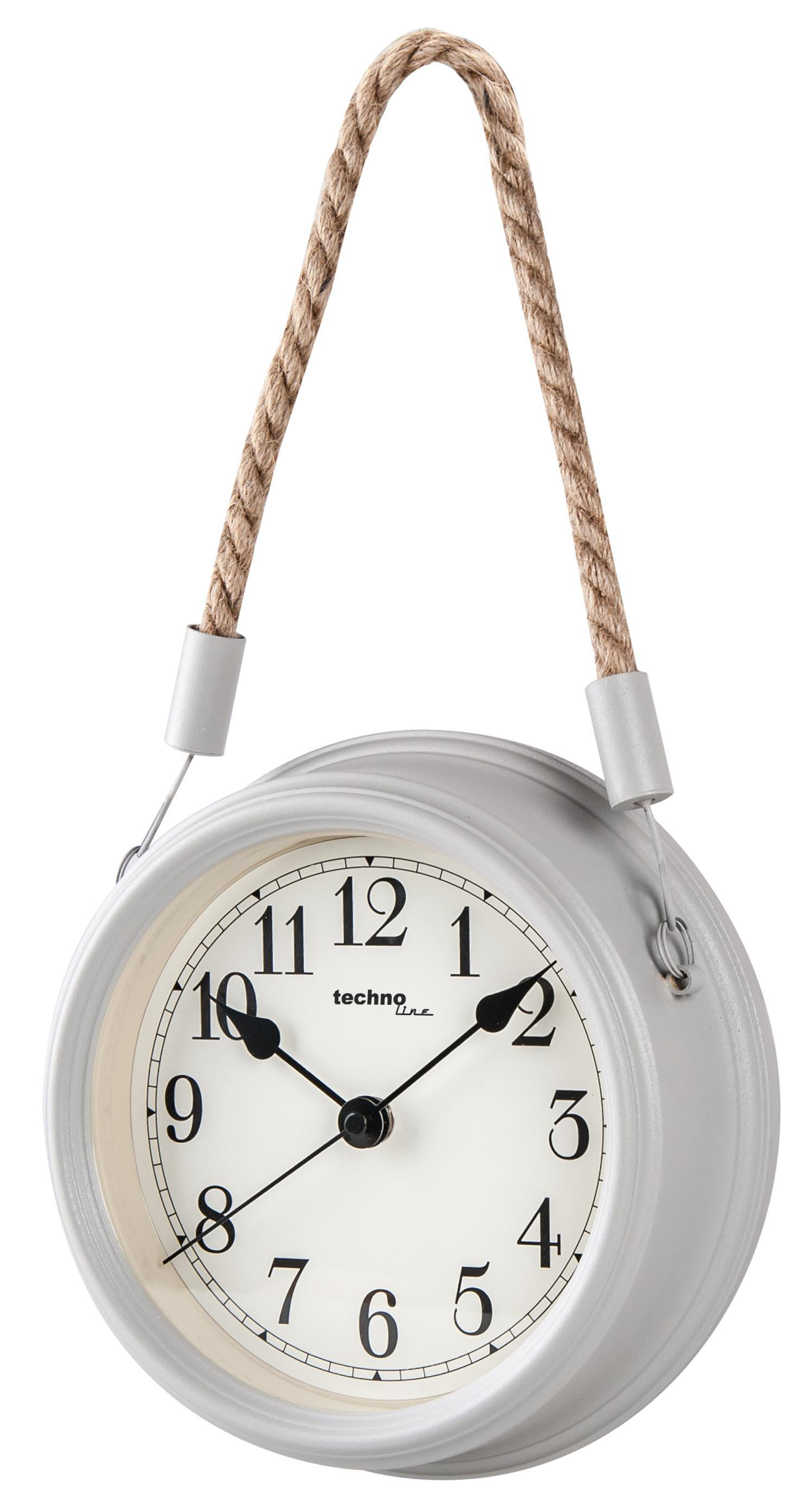 Uhr mit weißem Zifferblatt, schwarzen Zahlen, schwarzen Zeigern und silbernem Rahmen.