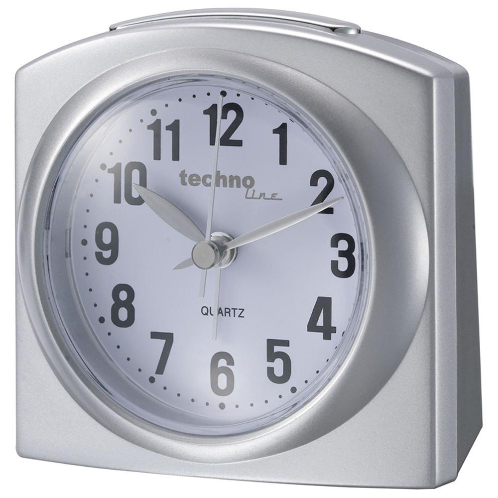 Silberner Techno-Line-Wecker mit schwarzen Ziffern und Zeigern.