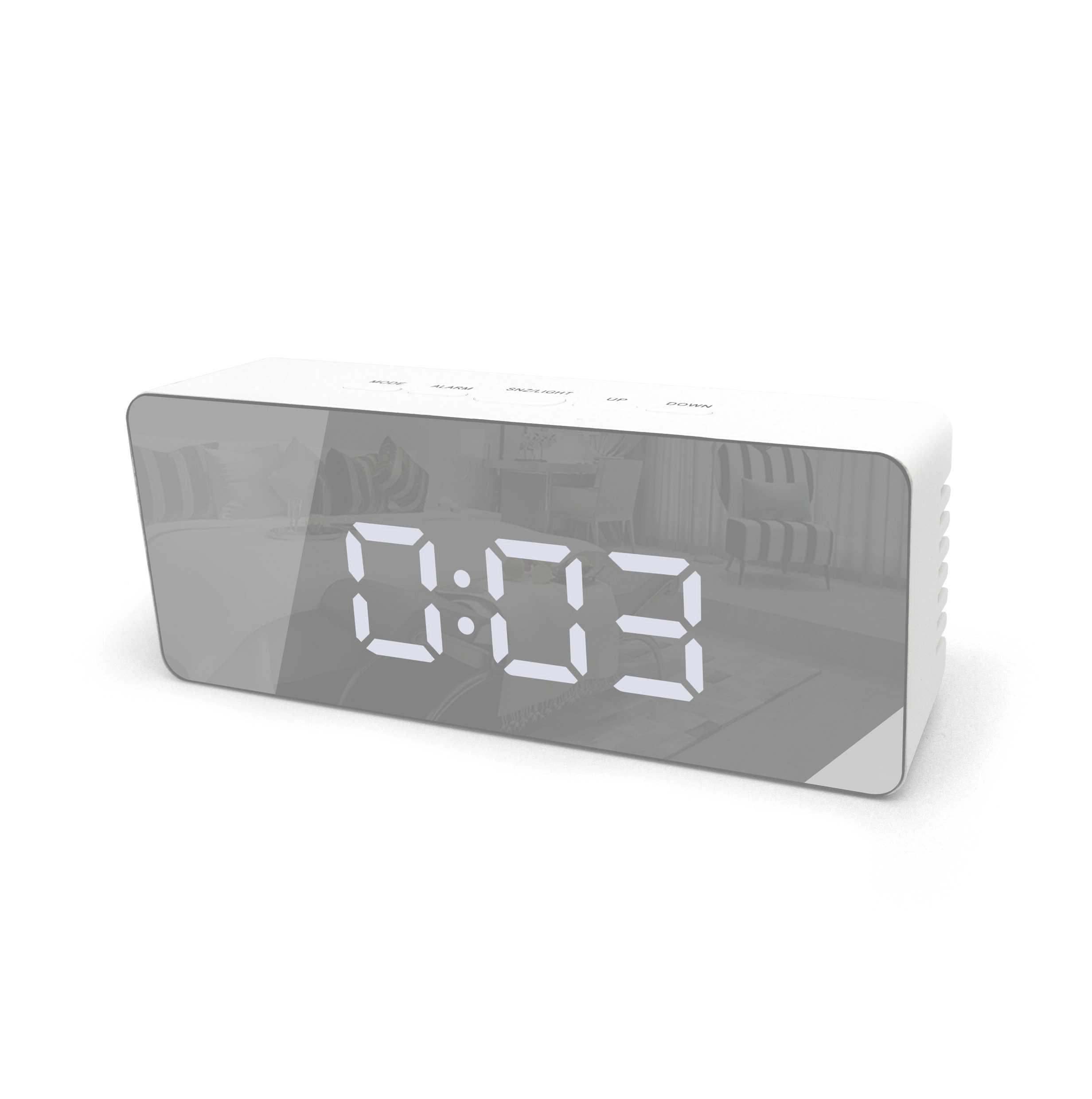 Digitaler Wecker mit der Anzeige 0:03, mit reflektierender Oberfläche und weißem Gehäuse.