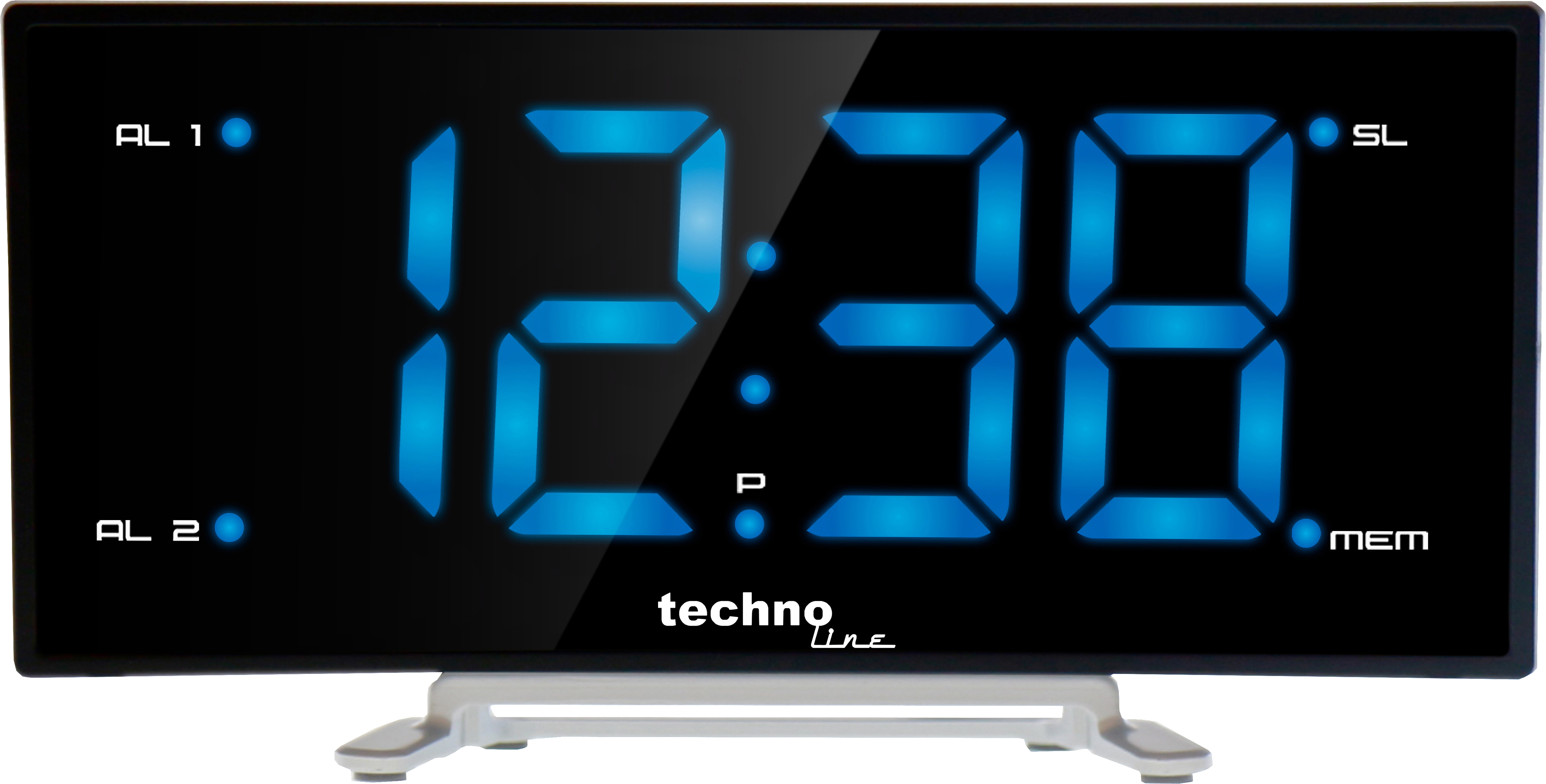 Digitaler Wecker, der 12:38 in Blau anzeigt. Schwarzes Zifferblatt, weißer Sockel. 'technoline' Logo.