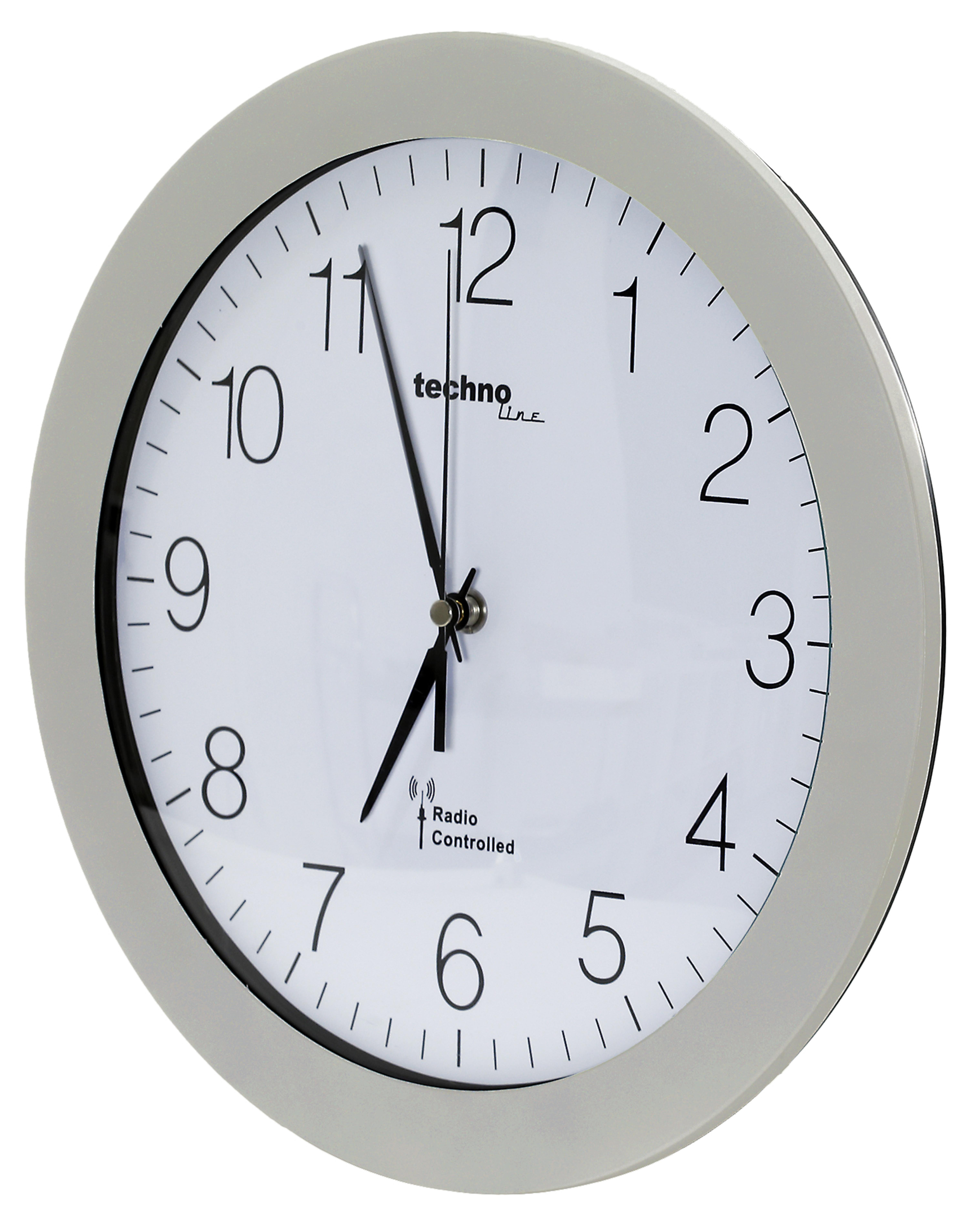 Analoge weiße Uhr mit grauem Rahmen.