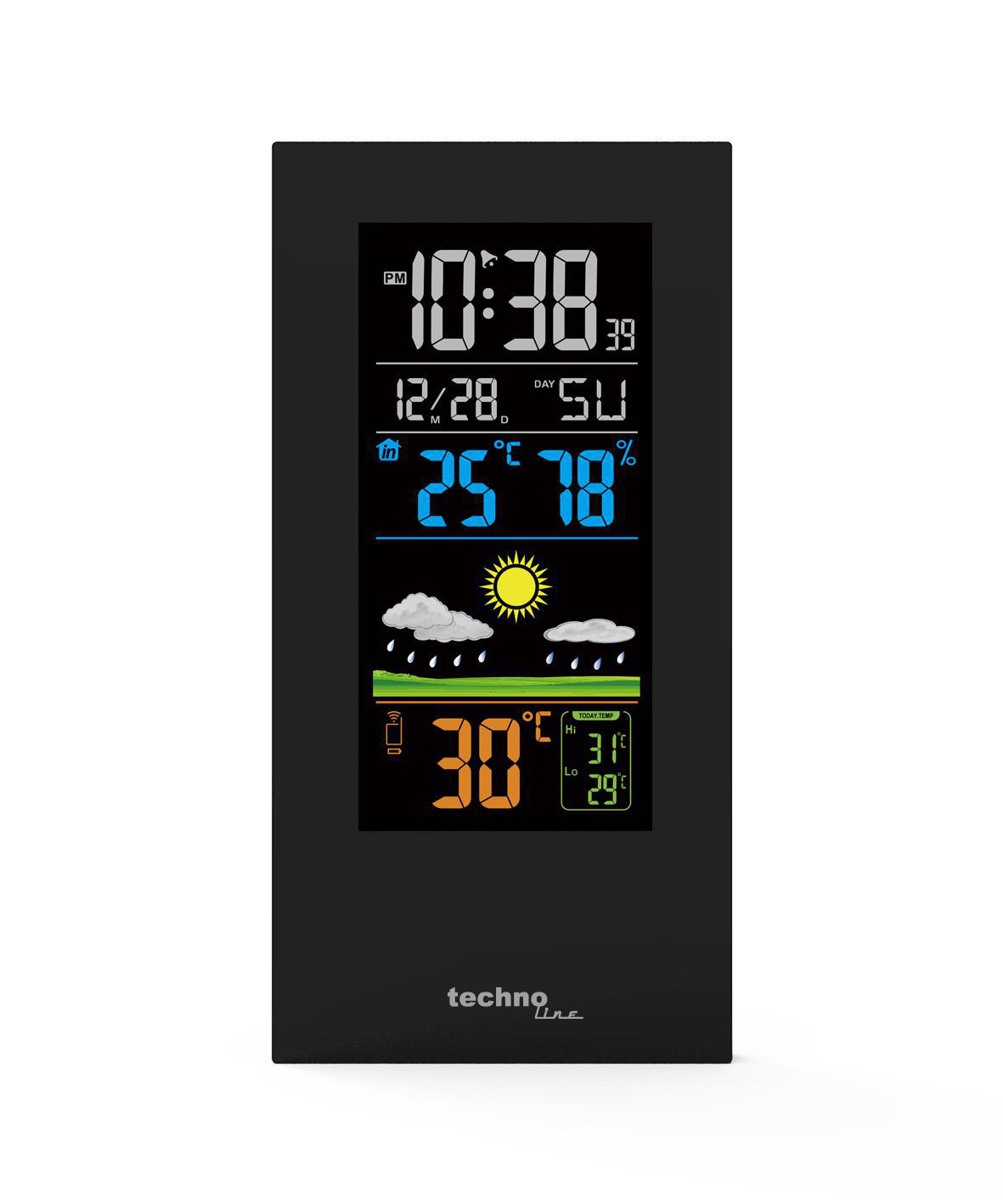 Schwarze digitale Wetterstation zeigt Zeit, Datum, Temperatur, Luftfeuchtigkeit und Wettersymbole.
