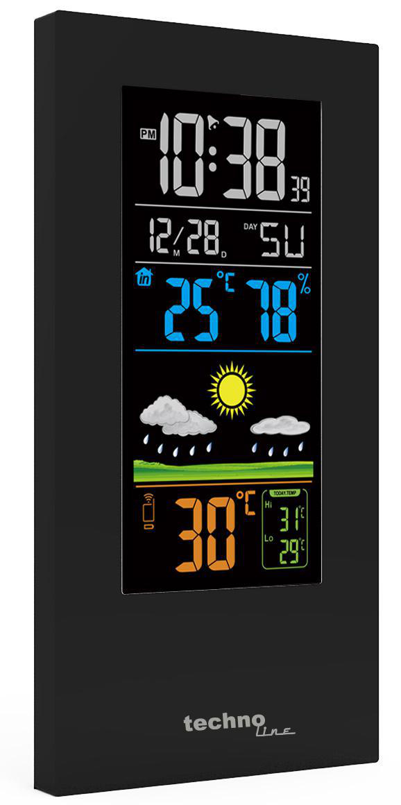 Schwarzes Wetterstationsdisplay mit Zeit, Datum und Wettersymbolen.