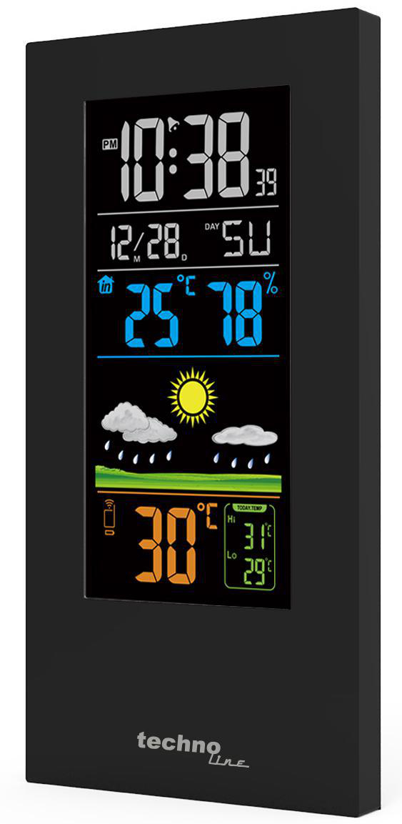 Schwarze Wetterstation, Digitalanzeige. Weißer Hintergrund.