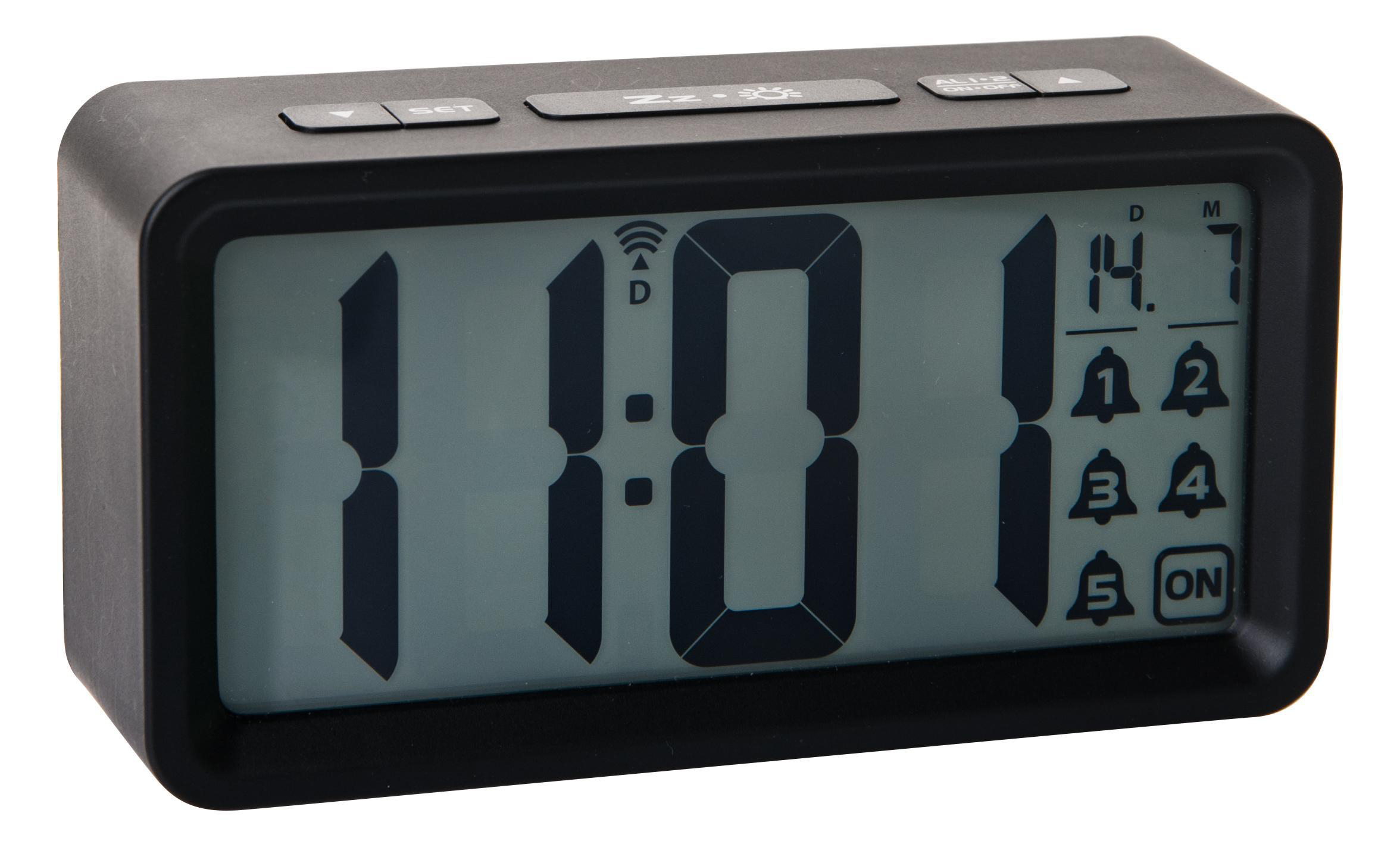 Schwarzer digitaler Wecker. Er zeigt die Uhrzeit, das Datum, den Alarm und hat mehrere Tasten.
