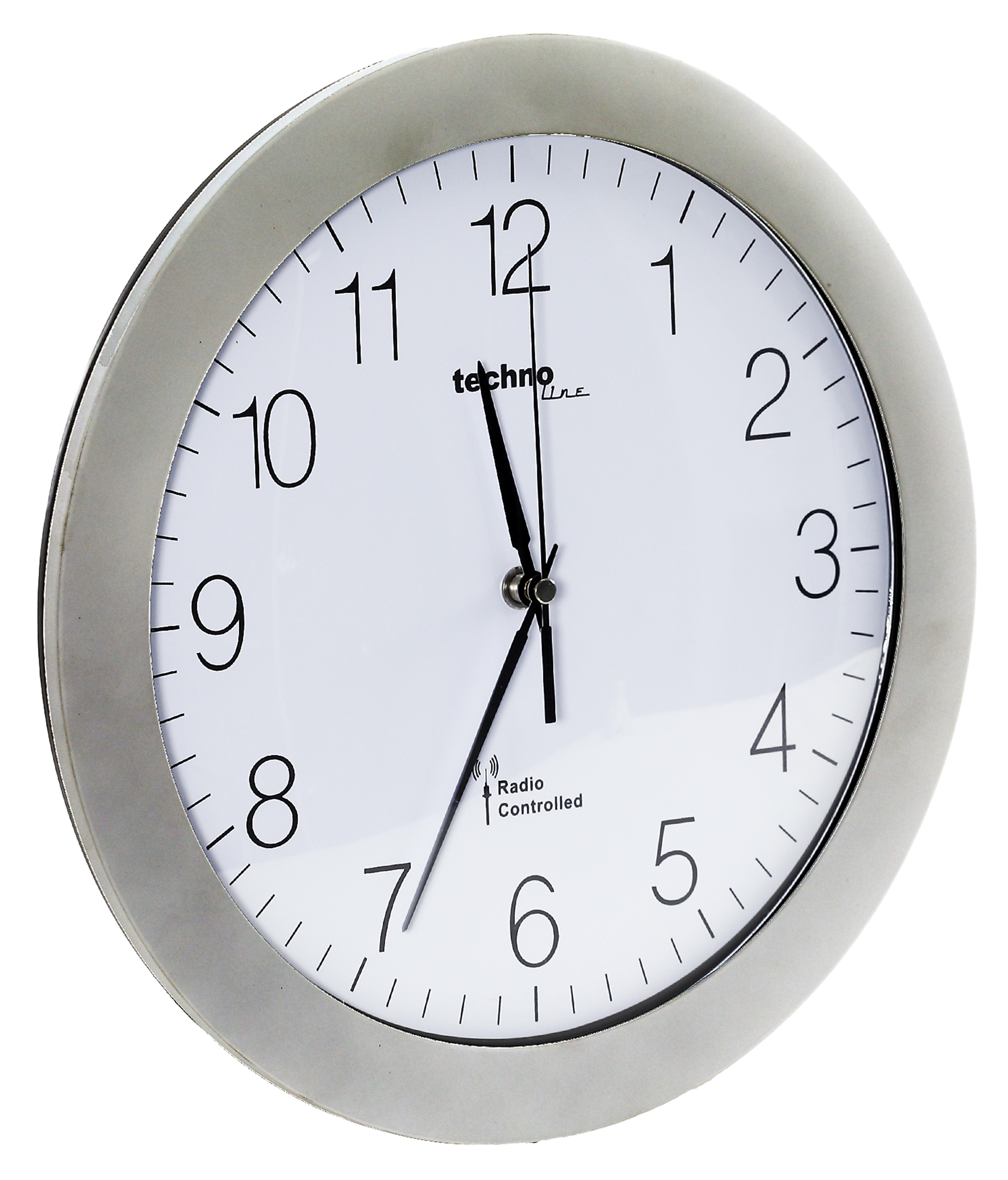 Silber gerahmte Uhr mit weißem Zifferblatt, schwarzen Ziffern und schwarzen Zeigern.