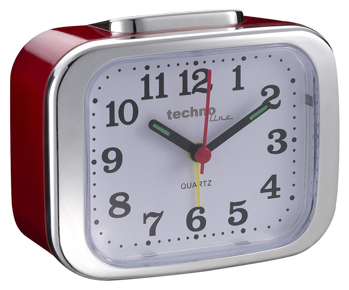Roter und silberner Retro-Wecker. Die Uhr zeigt die Zeit mit schwarzen Zeigern und Zahlen an.