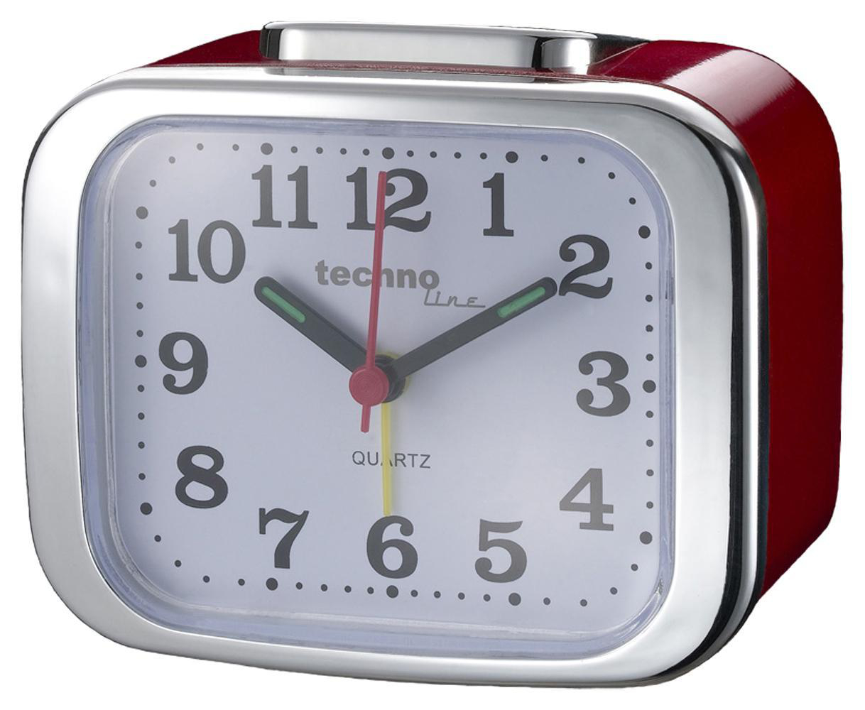 Rote und silberne quadratische Uhr mit weißem Zifferblatt und schwarzen Zahlen.