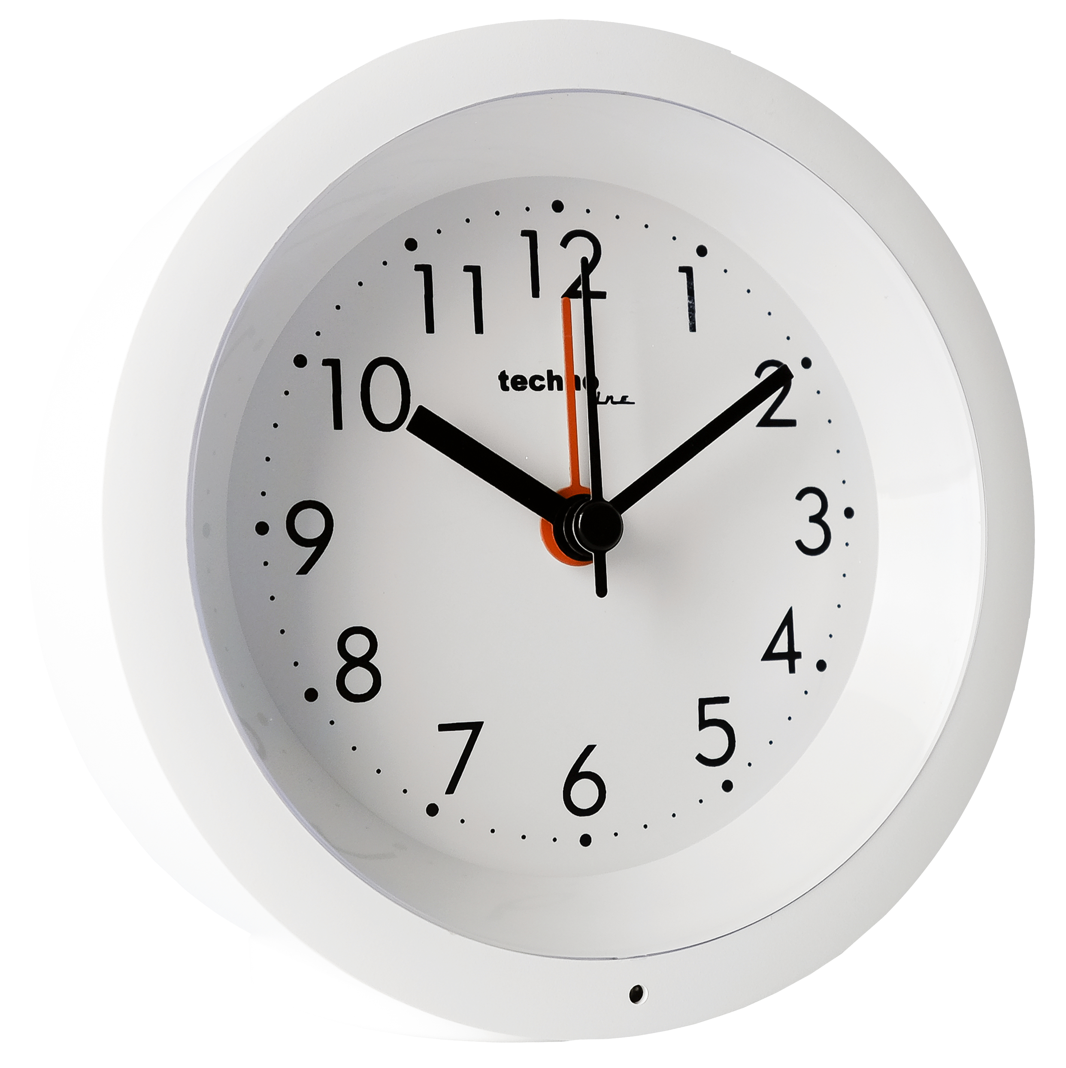Eine weiße Analoguhr mit schwarzen Zahlen und Zeigern. Die Uhrzeit ist 10:08.