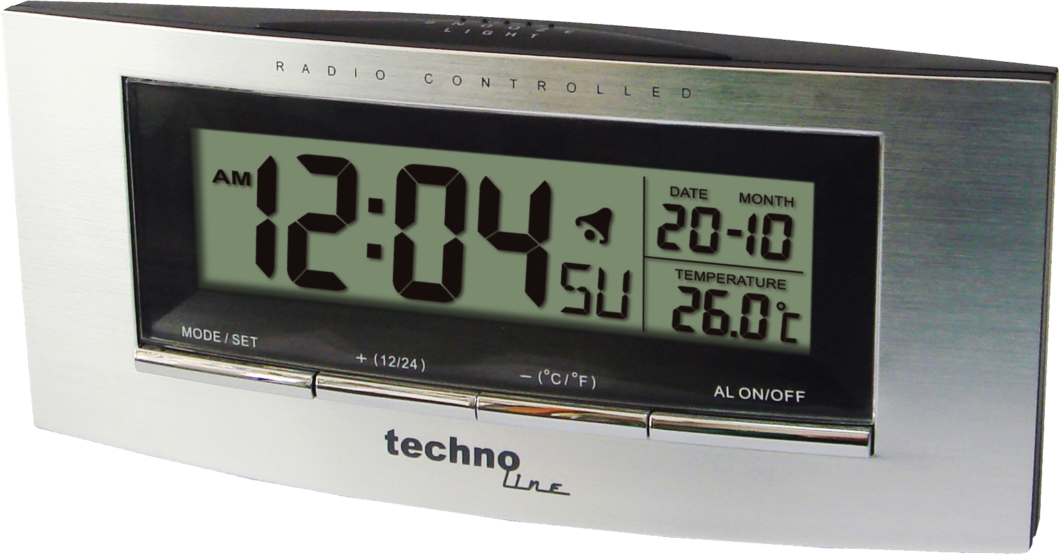 Silberner digitaler Wecker zeigt 12:04 AM, Datum und Temperatur.