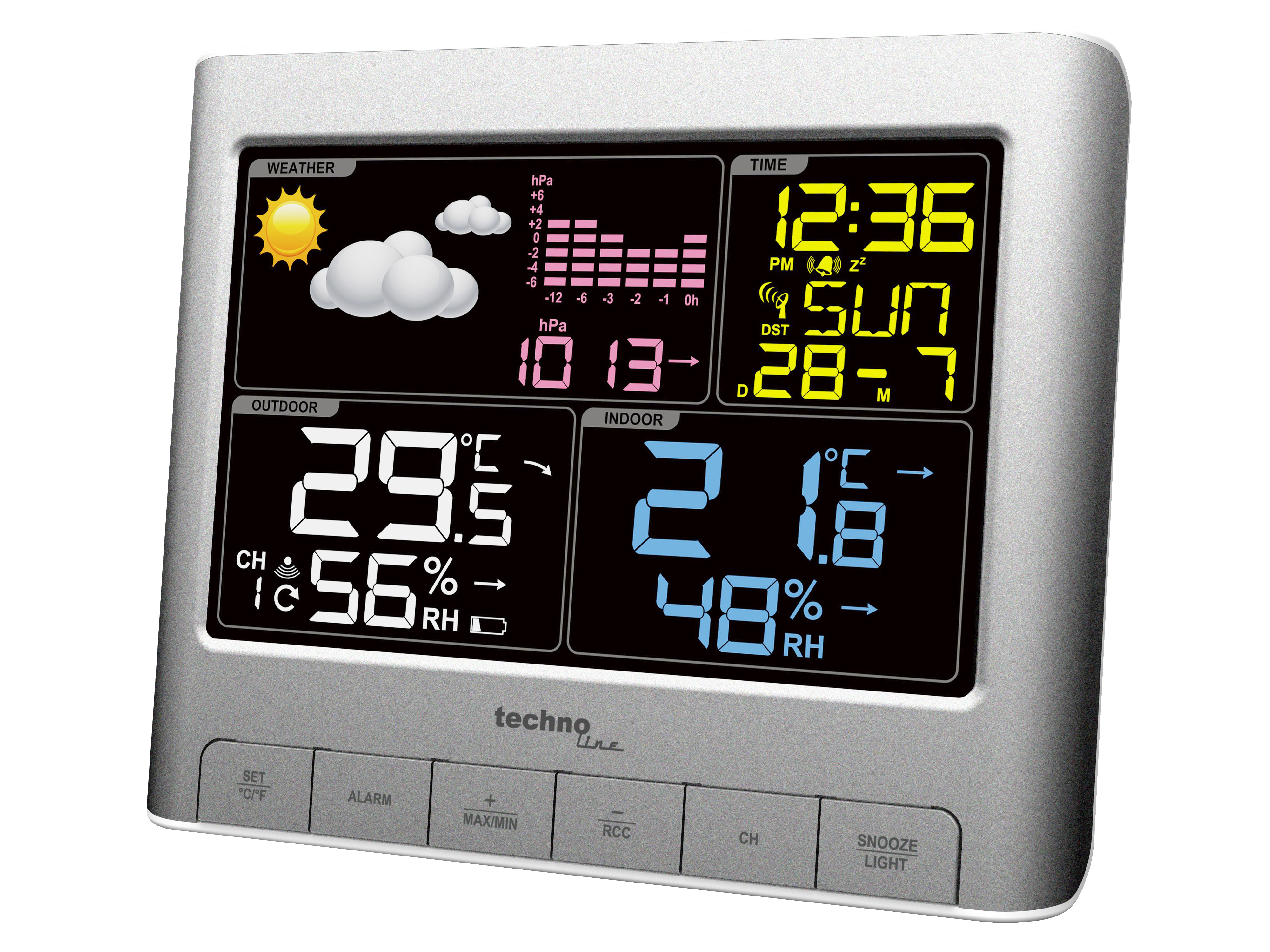 Silberne digitale Wetterstation mit Wetterdaten, die auf dem Bildschirm angezeigt werden.