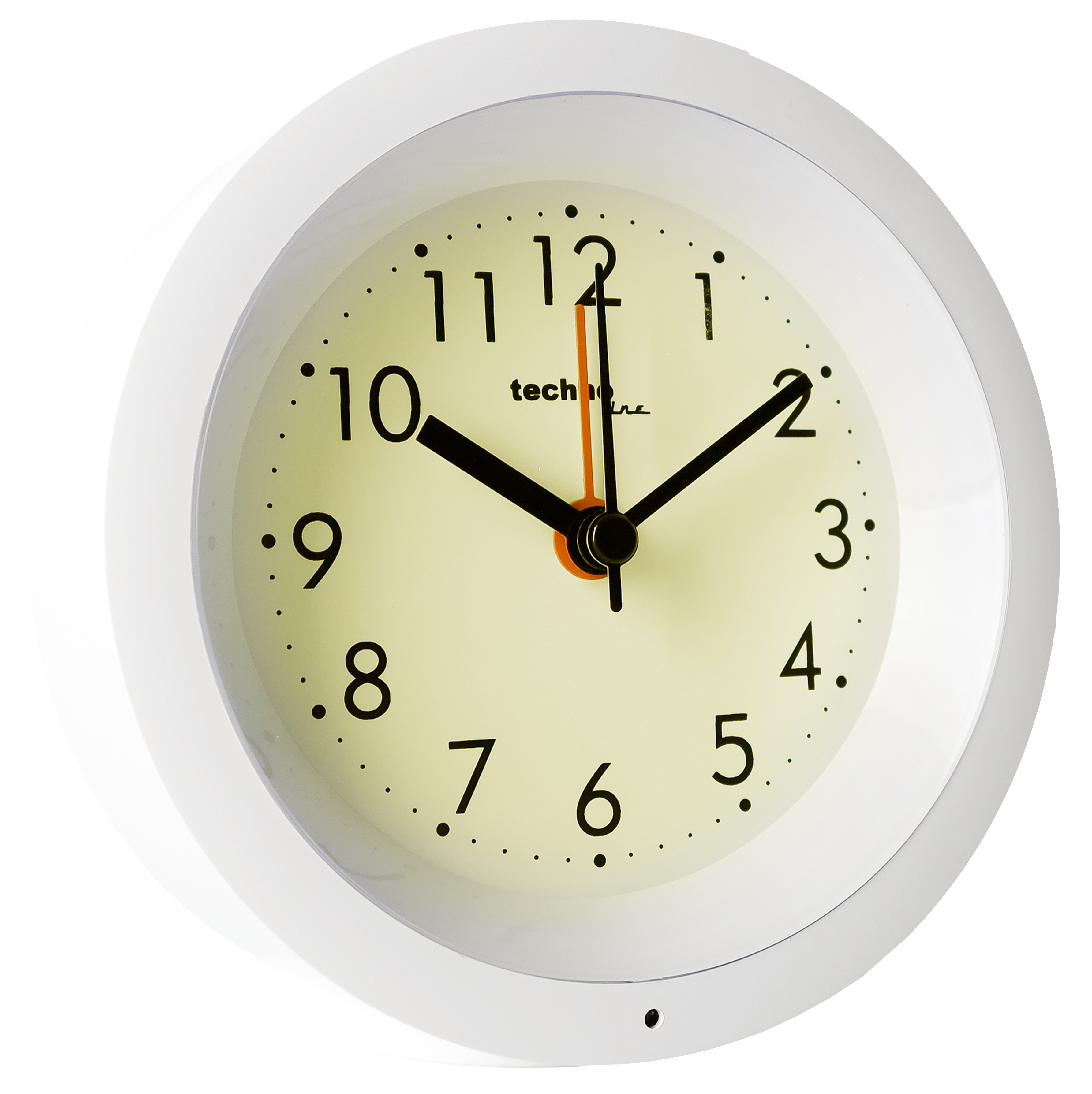 Weiße analoge Uhr, die 10:06 zeigt, mit weißem Zifferblatt und schwarzen Ziffern.