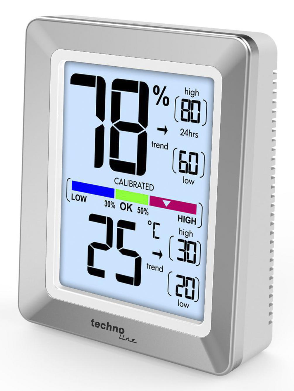 Digitales Innenraum-Thermometer und Hygrometer. Zeigt Luftfeuchtigkeit, Temperatur und Trendindikatoren.