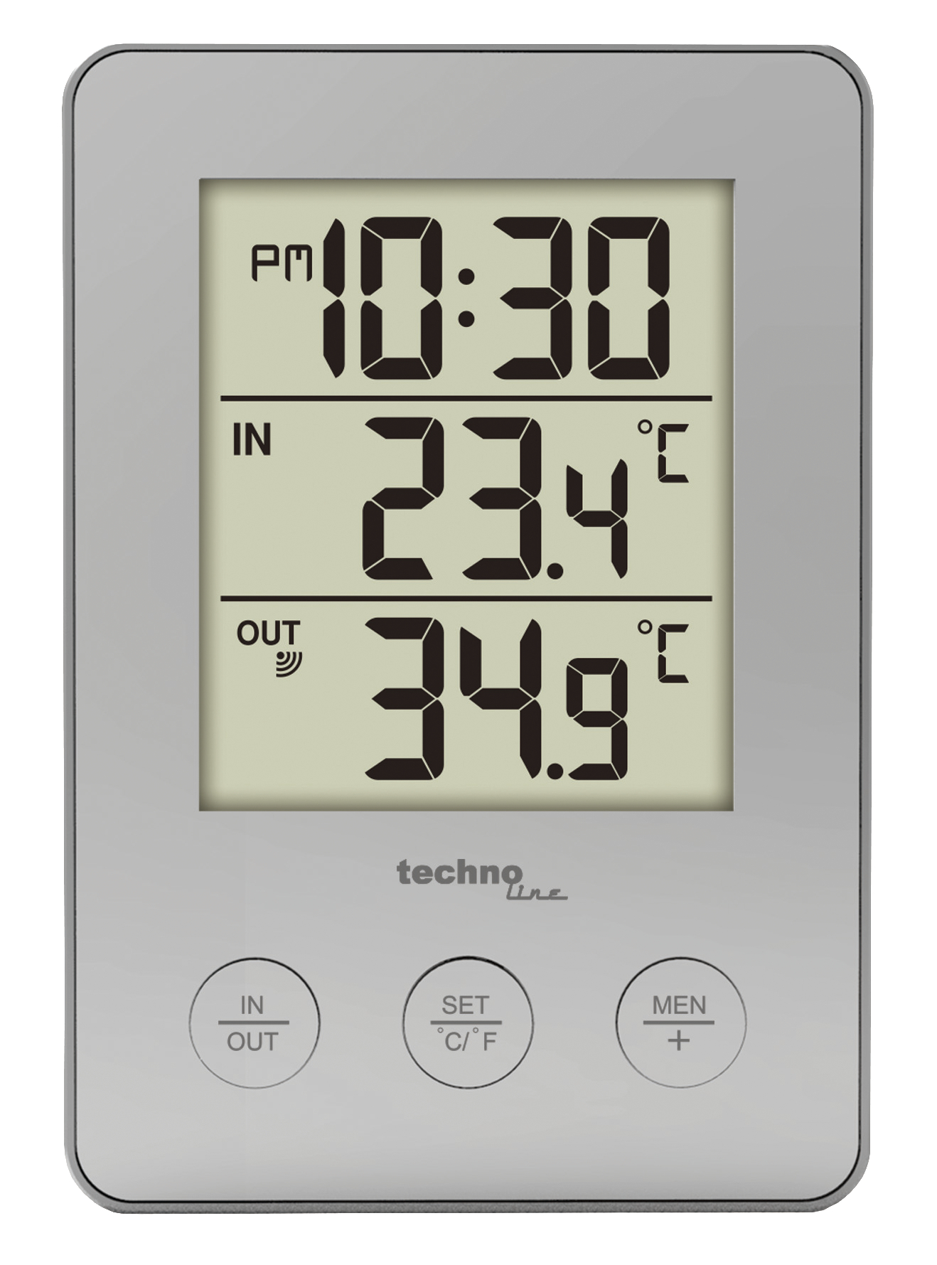 Ein digitales Thermometer zeigt "22:30 Uhr", "23,4°C" und "34,9°C" auf grauem Hintergrund an.