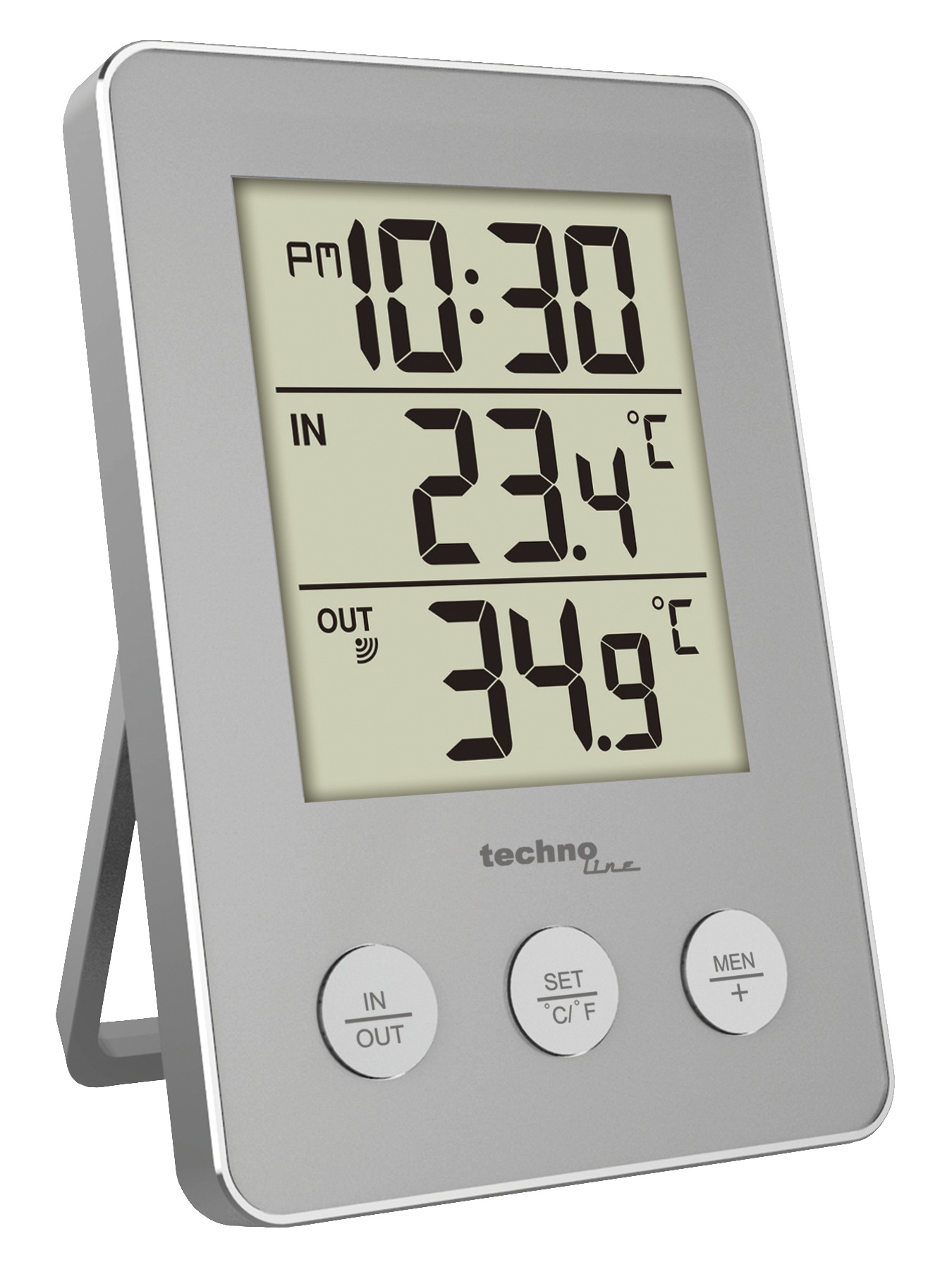 Ein silbernes digitales Thermometer mit Zeit- und Temperaturanzeigen.