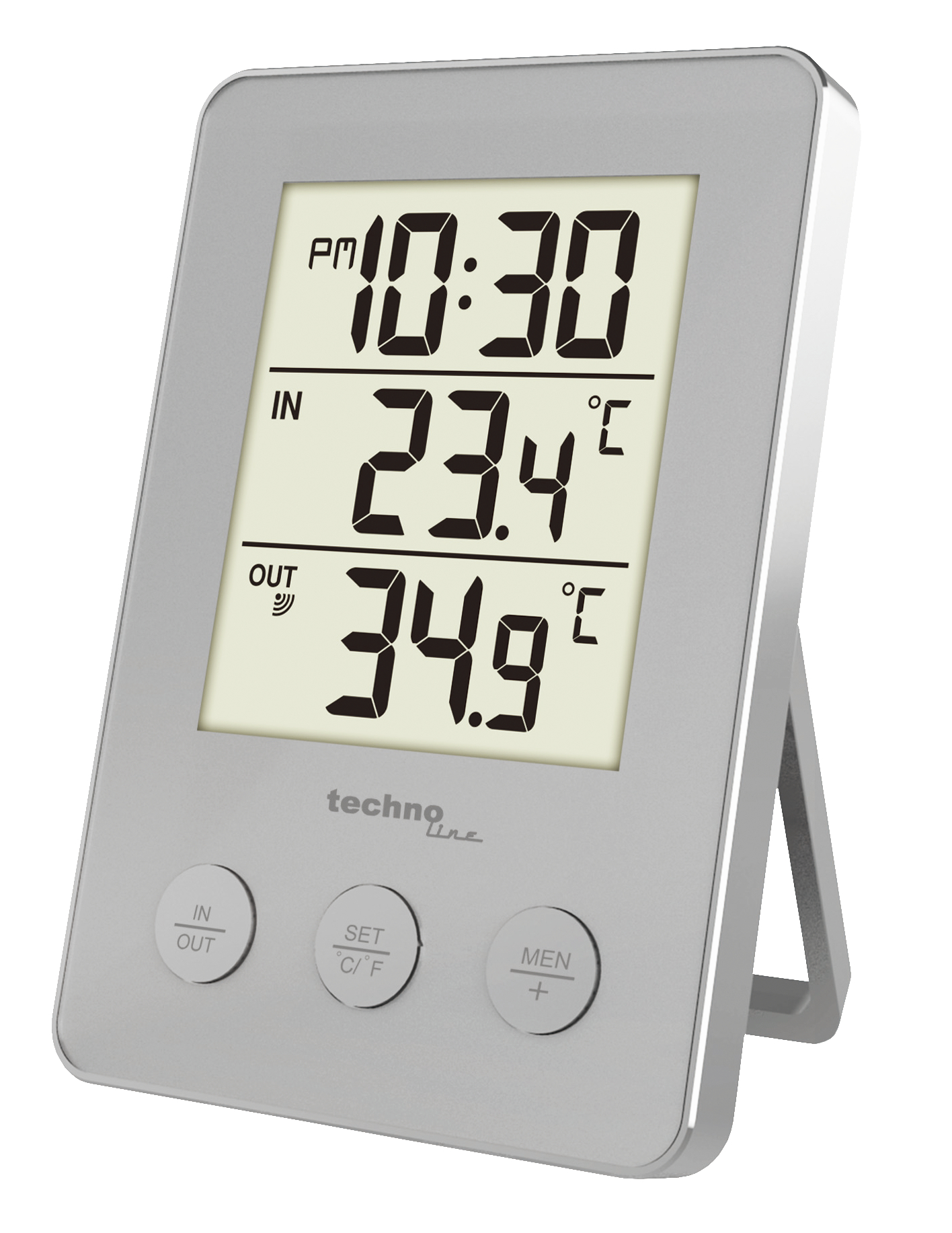 Eine Digitaluhr, die Zeit und Temperatur anzeigt, mit einem silbernen Rahmen.