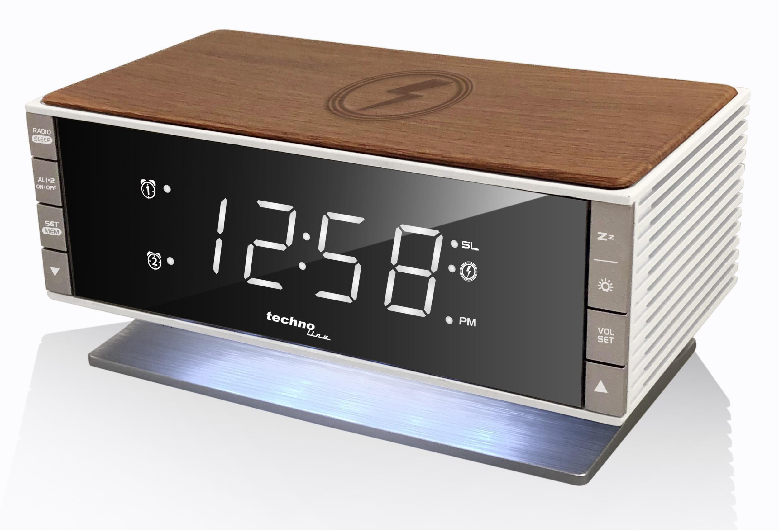 Techno Line Digitaluhr mit Holzoberteil, zeigt die Uhrzeit 12:58 an.