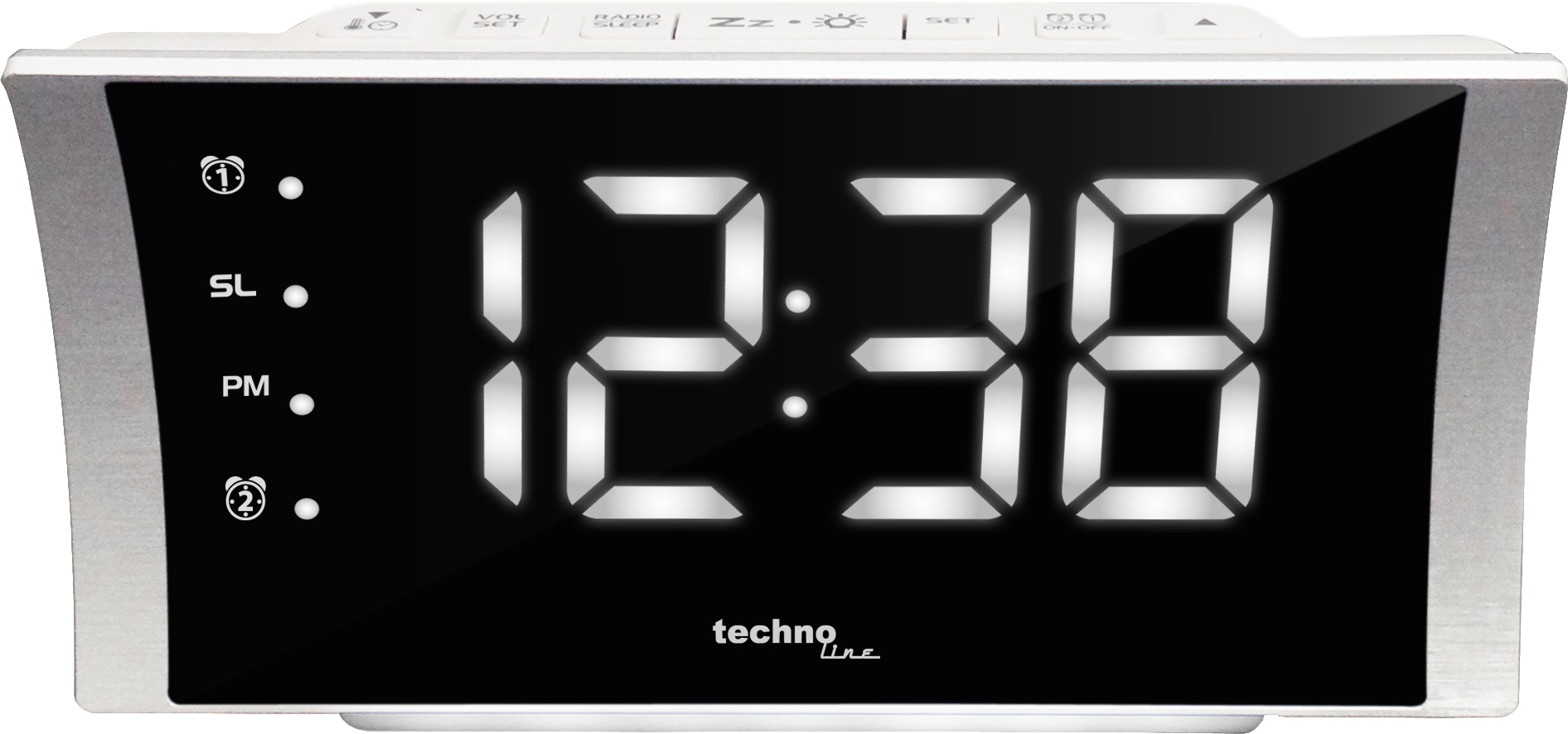 Digitaluhr, die 12:38 mit weißen Ziffern und einem silbernen Rahmen anzeigt.