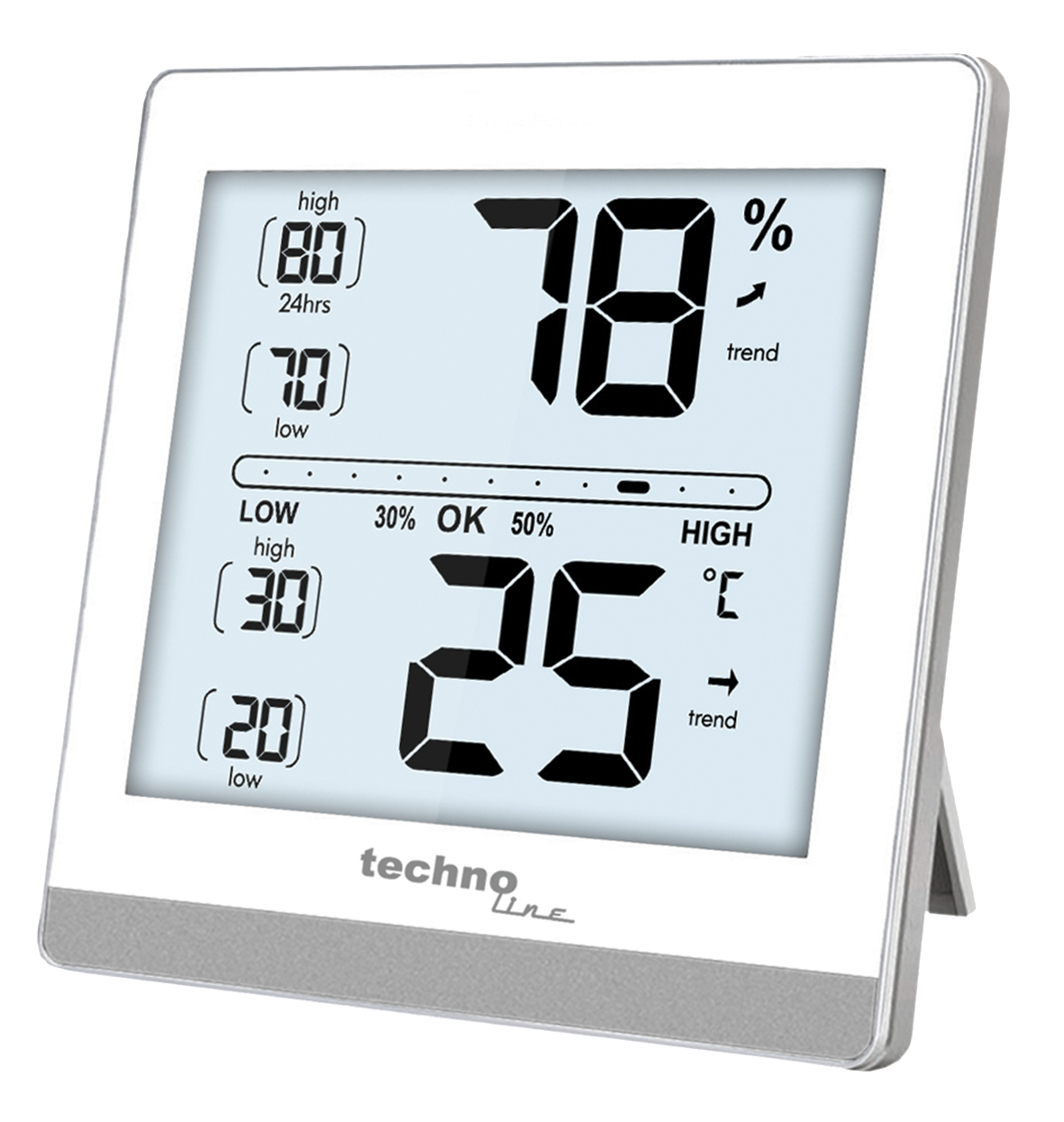 Digitalanzeige mit Temperaturwerten: 78%, 25°C und Trendindikatoren.