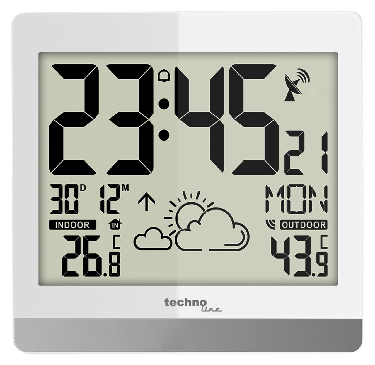 Digitale Wetterstation, die Zeit, Datum, Innen-/Außentemperaturen und Wetter anzeigt.