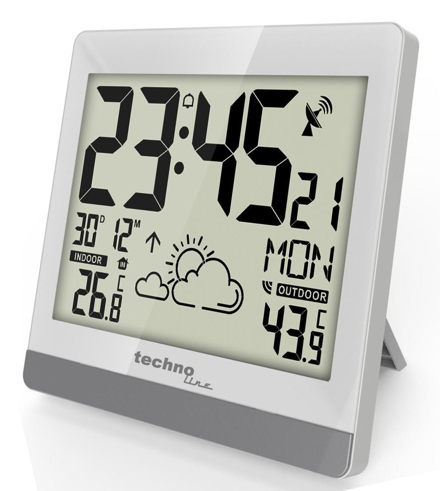 Digitale Wetterstation mit Uhrzeit, Datum und Wetterdetails mit weißem Rahmen.