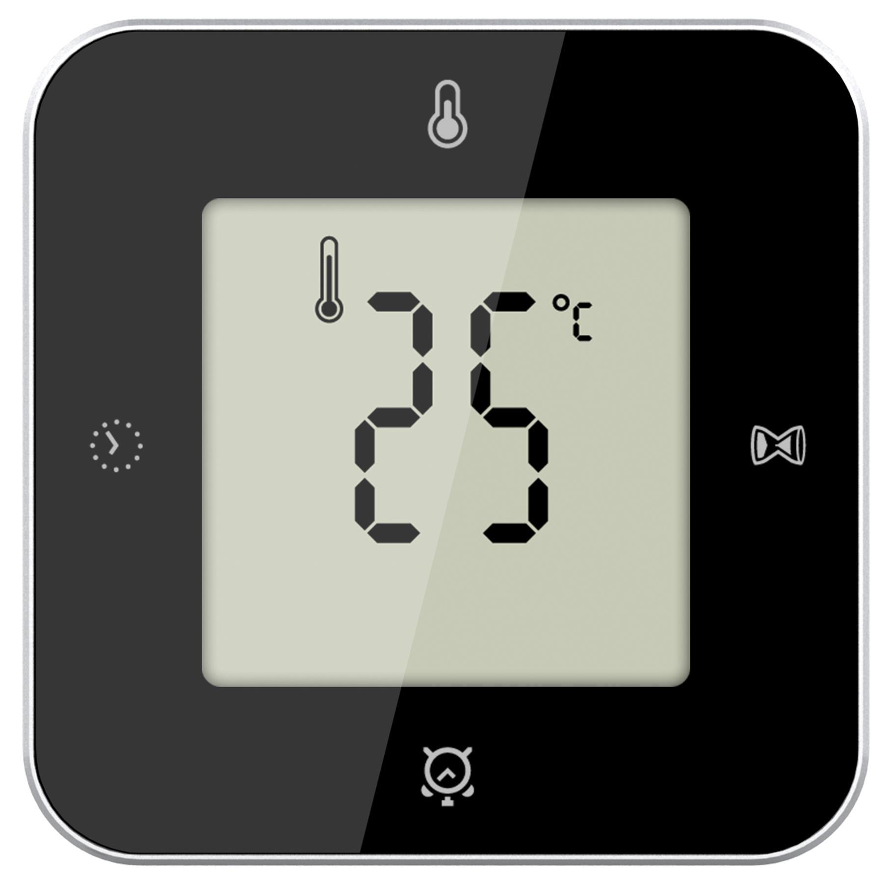 Ein schwarzer quadratischer digitaler Thermostat zeigt die Zahl 25 in großer Schrift an.