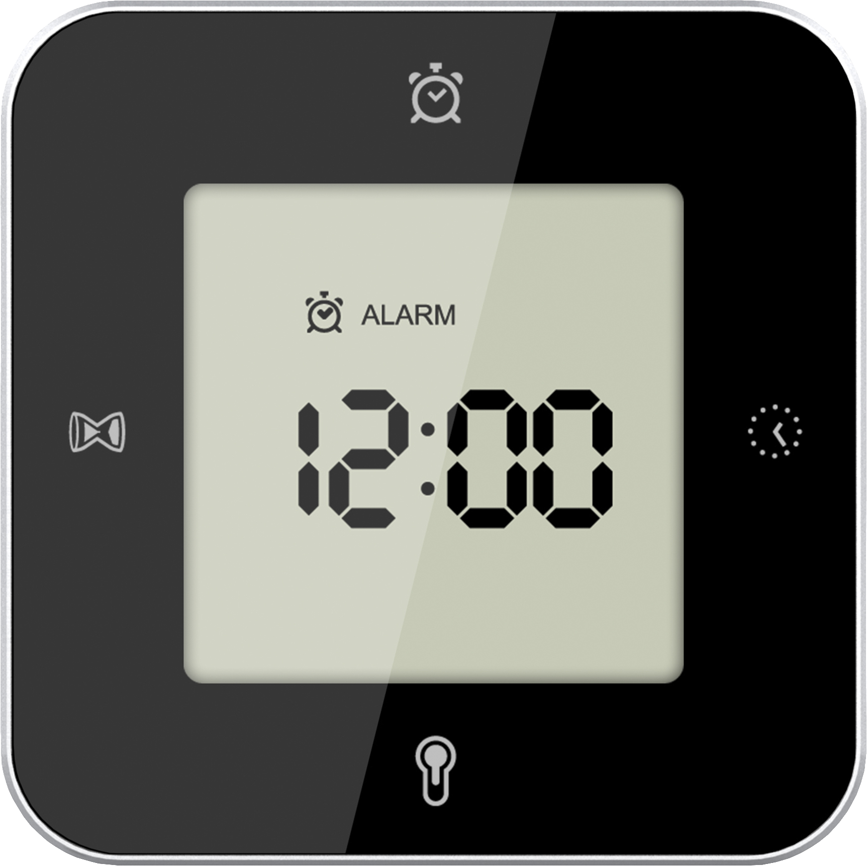 Digitaler Wecker mit der Anzeige 12:00. Die Uhr ist schwarz und quadratisch mit mehreren Symbolen.