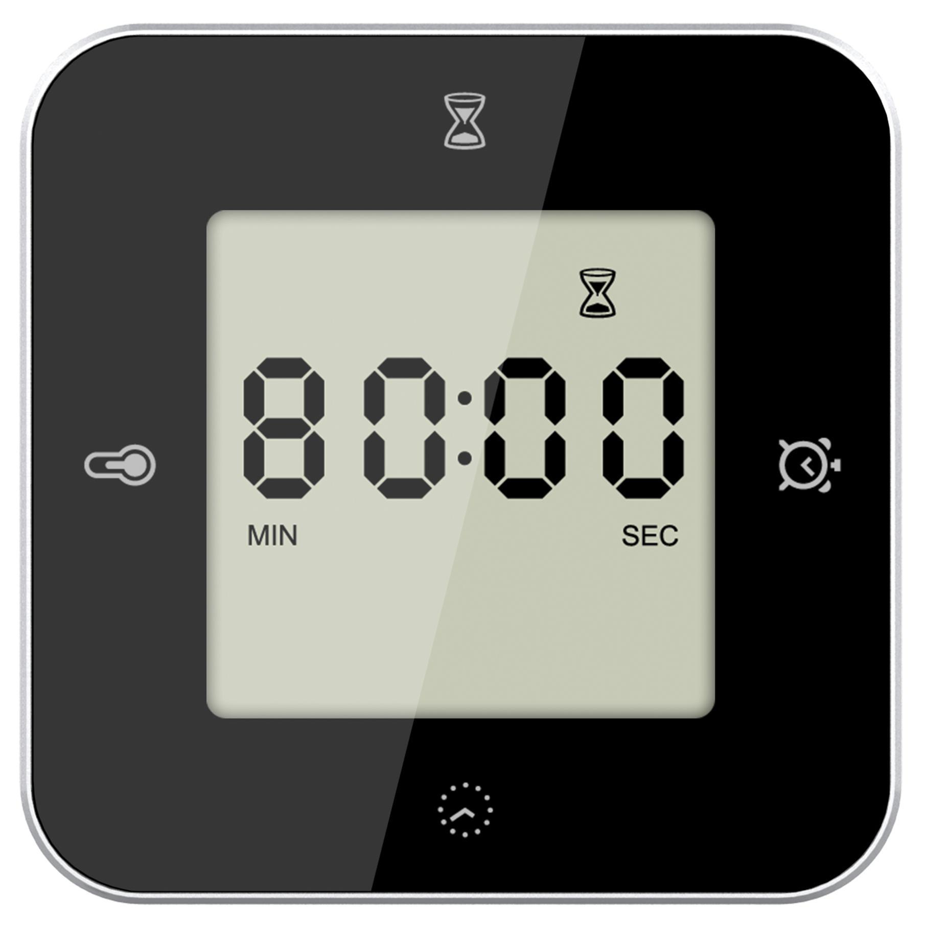 Ein digitaler Timer zeigt 00:00 mit Symbolen für Temperatur, Alarm und eine Sanduhr. Der Timer befindet sich in einem schwarzen Rahmen.