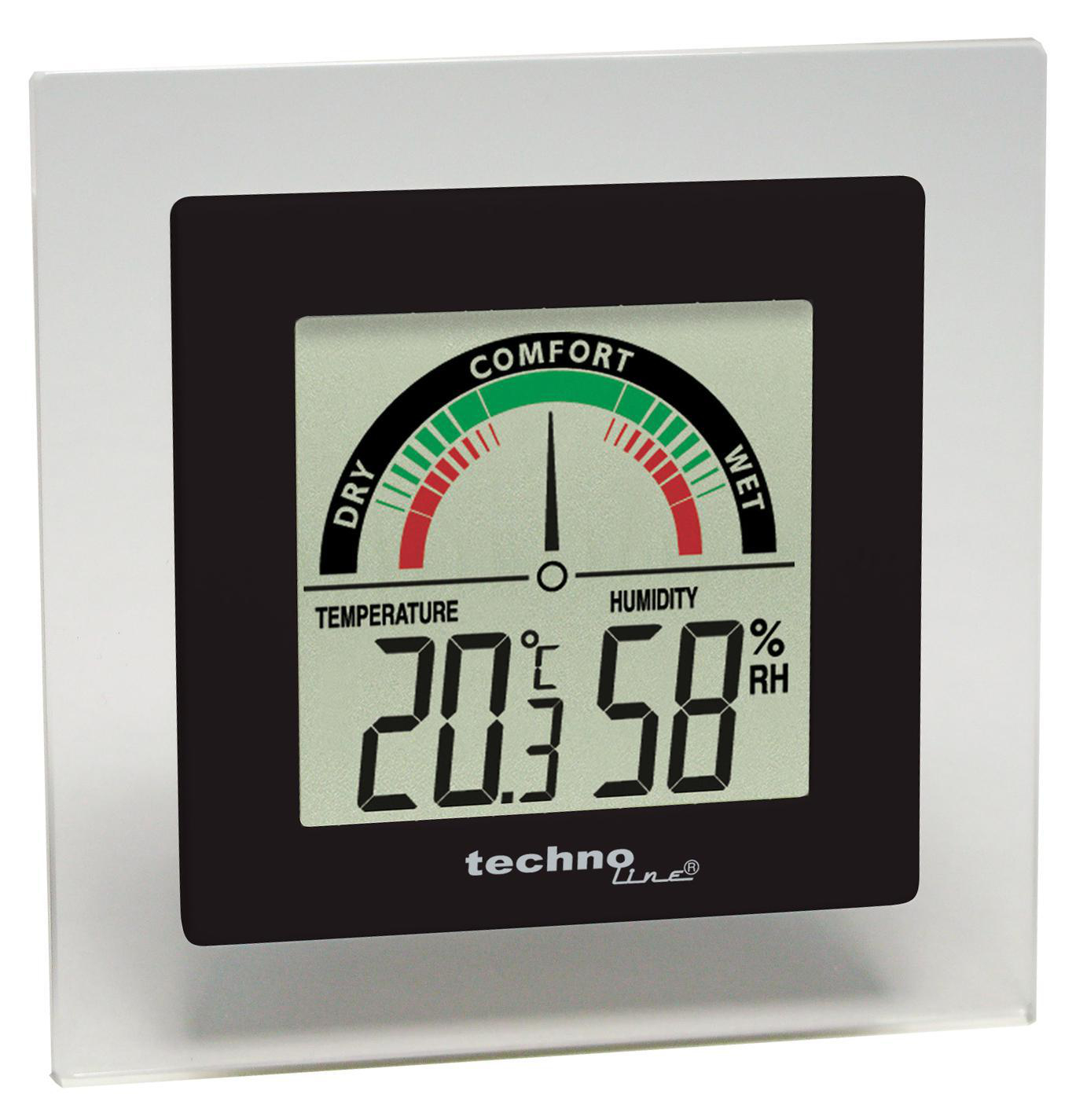 Digitalanzeige zeigt Temperatur und Luftfeuchtigkeit mit einer Komfortanzeige.