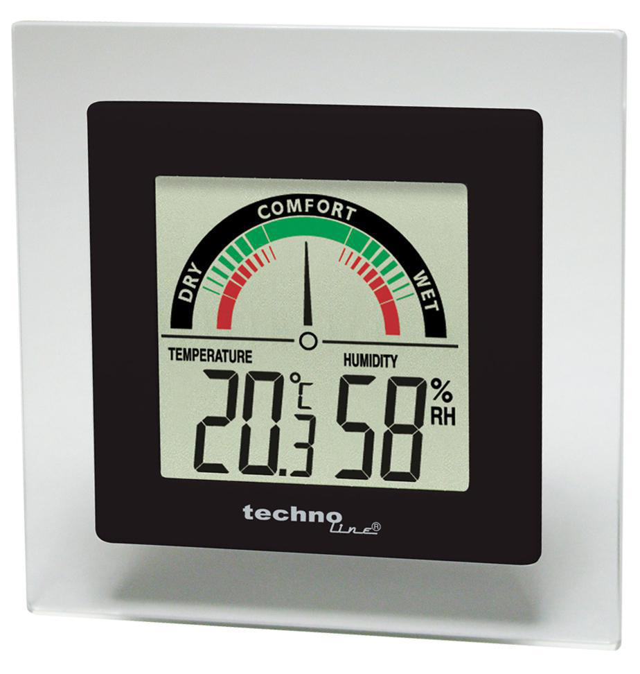 Digitales Innen-Thermometer/Hygrometer, zeigt Temperatur- und Feuchtigkeitswerte.