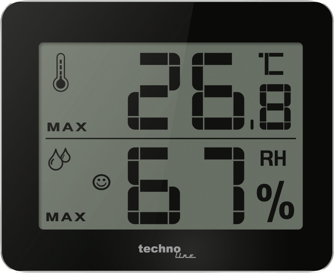 Ein schwarzes digitales Gerät, das Temperatur, Luftfeuchtigkeit und ein Smiley zeigt.