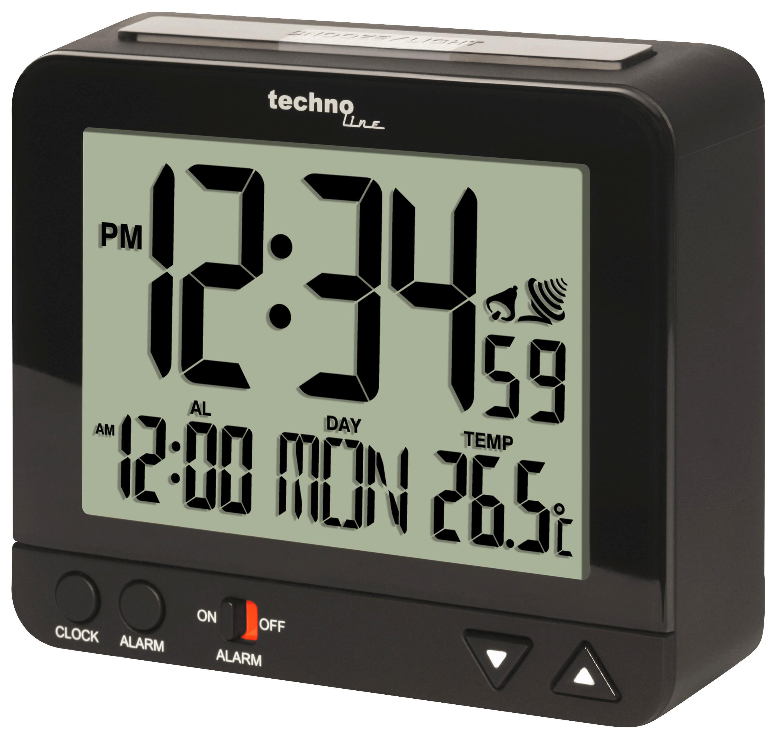 Schwarzer digitaler Wecker mit Anzeige von Uhrzeit, Datum und Temperatur. Tasten für Uhr und Wecker.