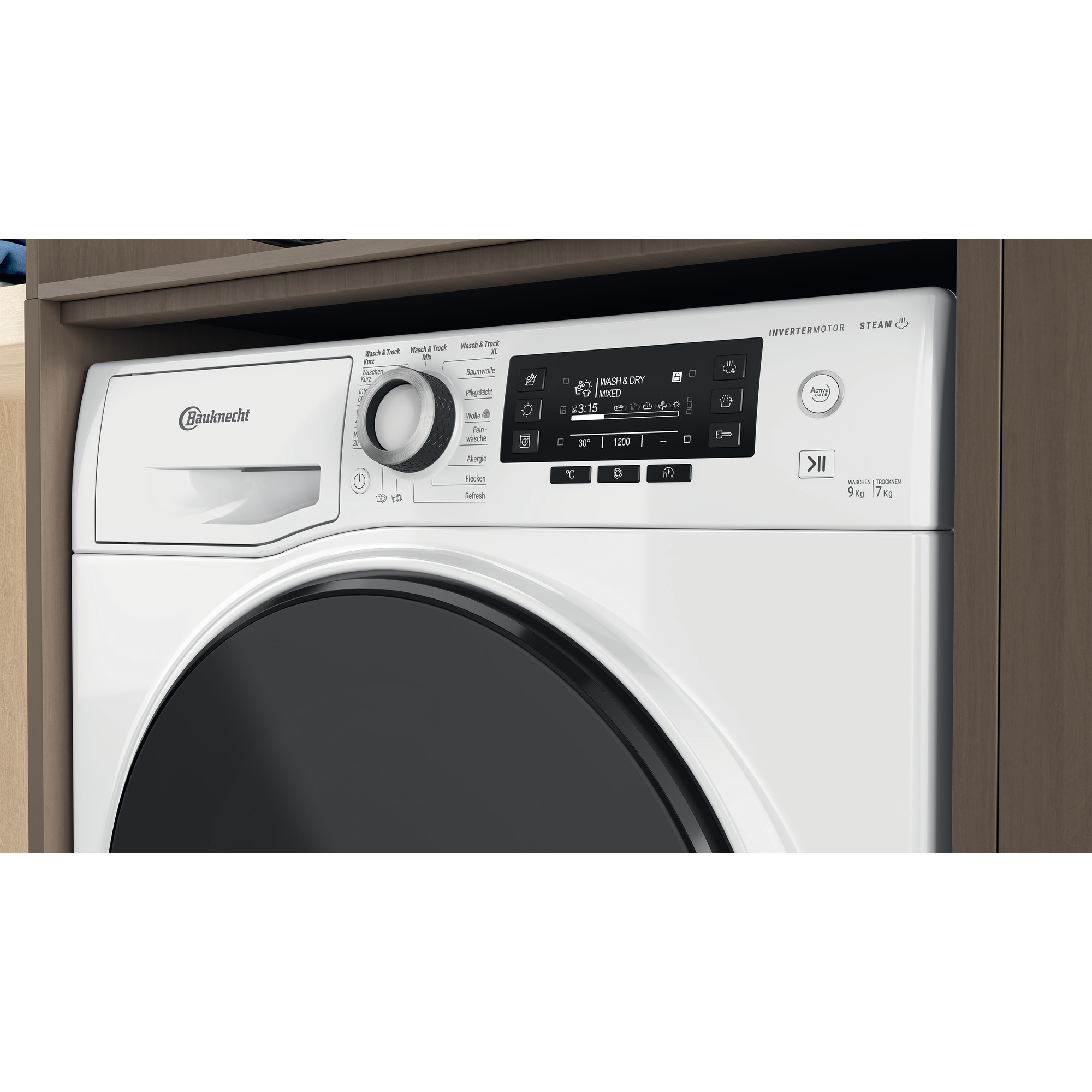 Weiße Bauknecht Waschmaschine mit Digitaldisplay und Bedienfeld, eingebaut in einem Schrank.