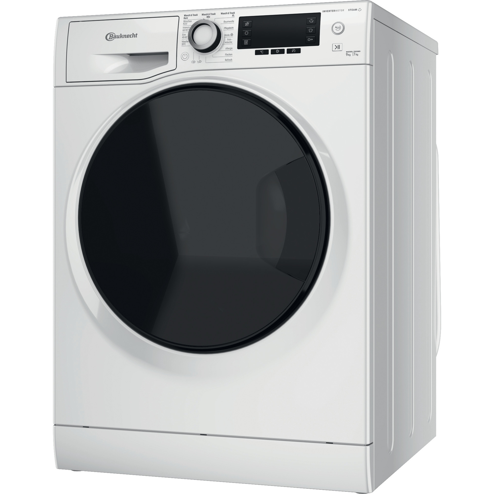 Eine weiße Bauknecht Waschmaschine mit schwarzer Tür und Bedienfeld oben.