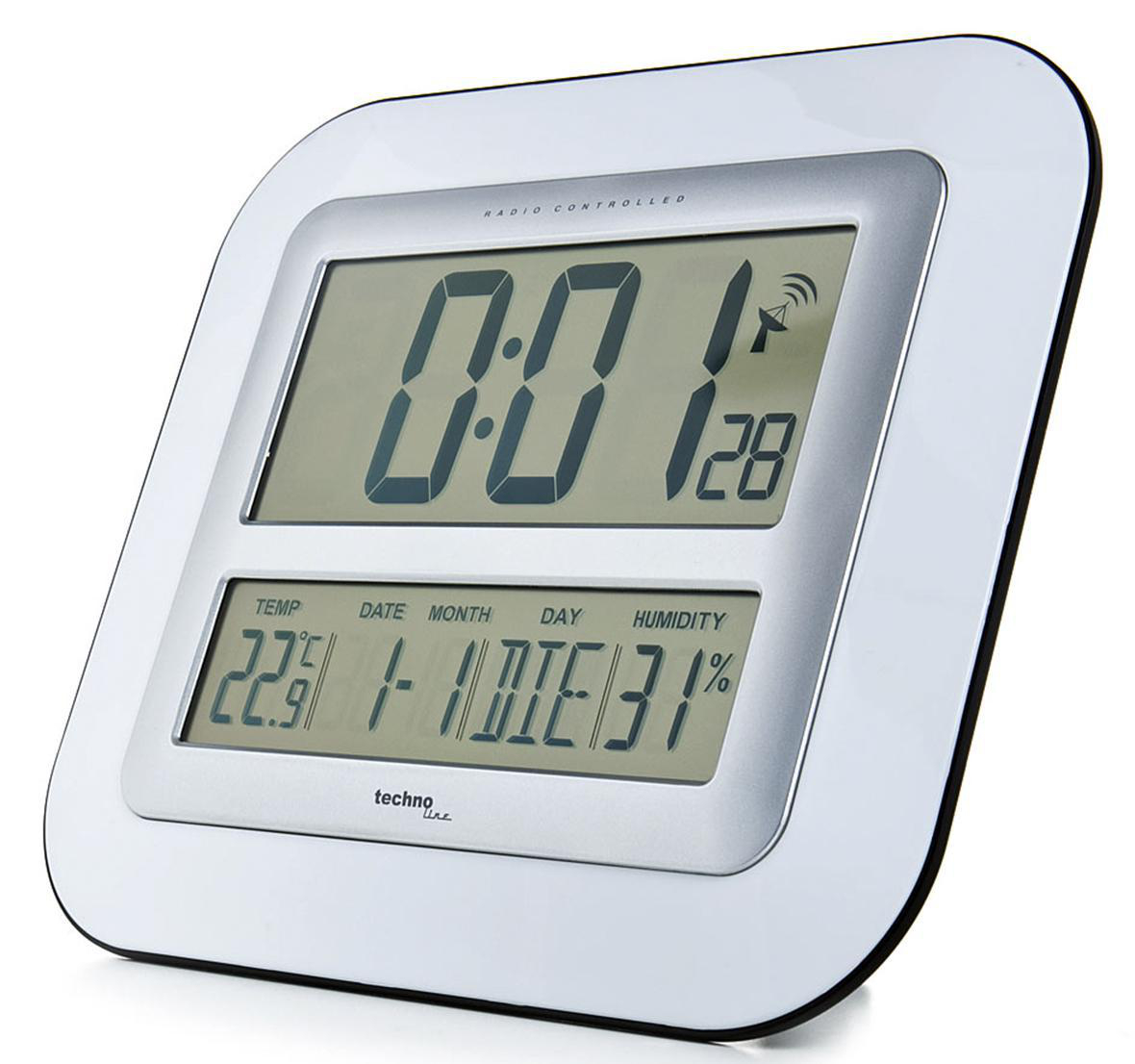 Weiße Digitaluhr mit Anzeige von Zeit, Datum und Luftfeuchtigkeit.