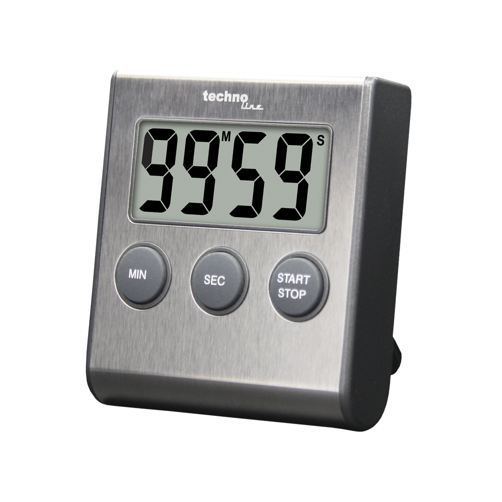 Digitaler Timer mit Tasten und einem metallischen Finish.