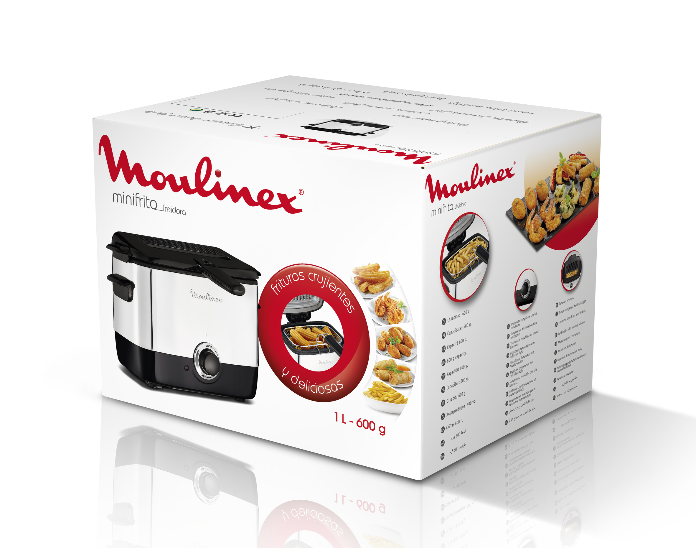 Caja Moulinex con imagen de mini-freidora. Caja muestra fritos, freidora y texto.