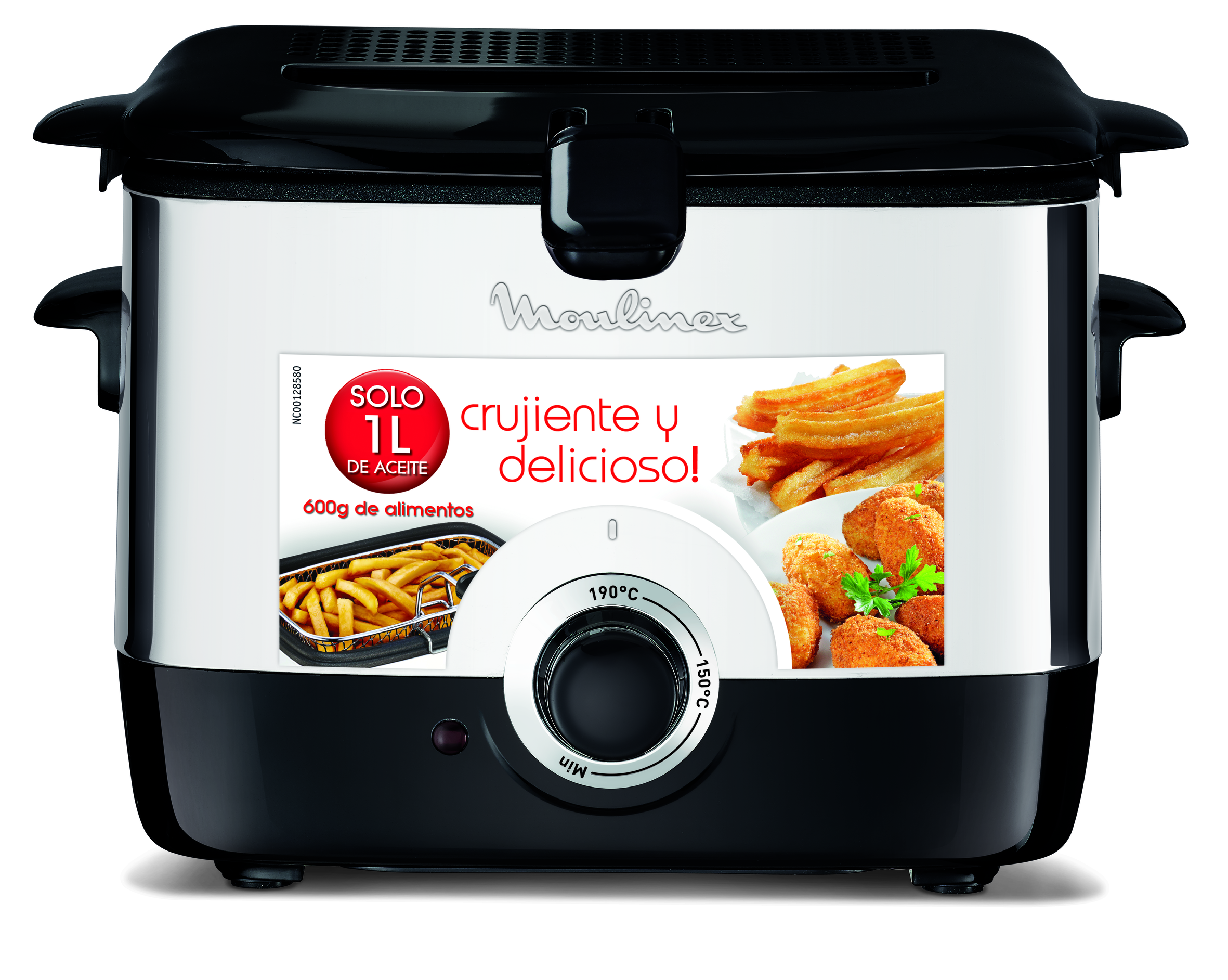 Freidora negra y blanca. Muestra imágenes de comida, un dial y una etiqueta.