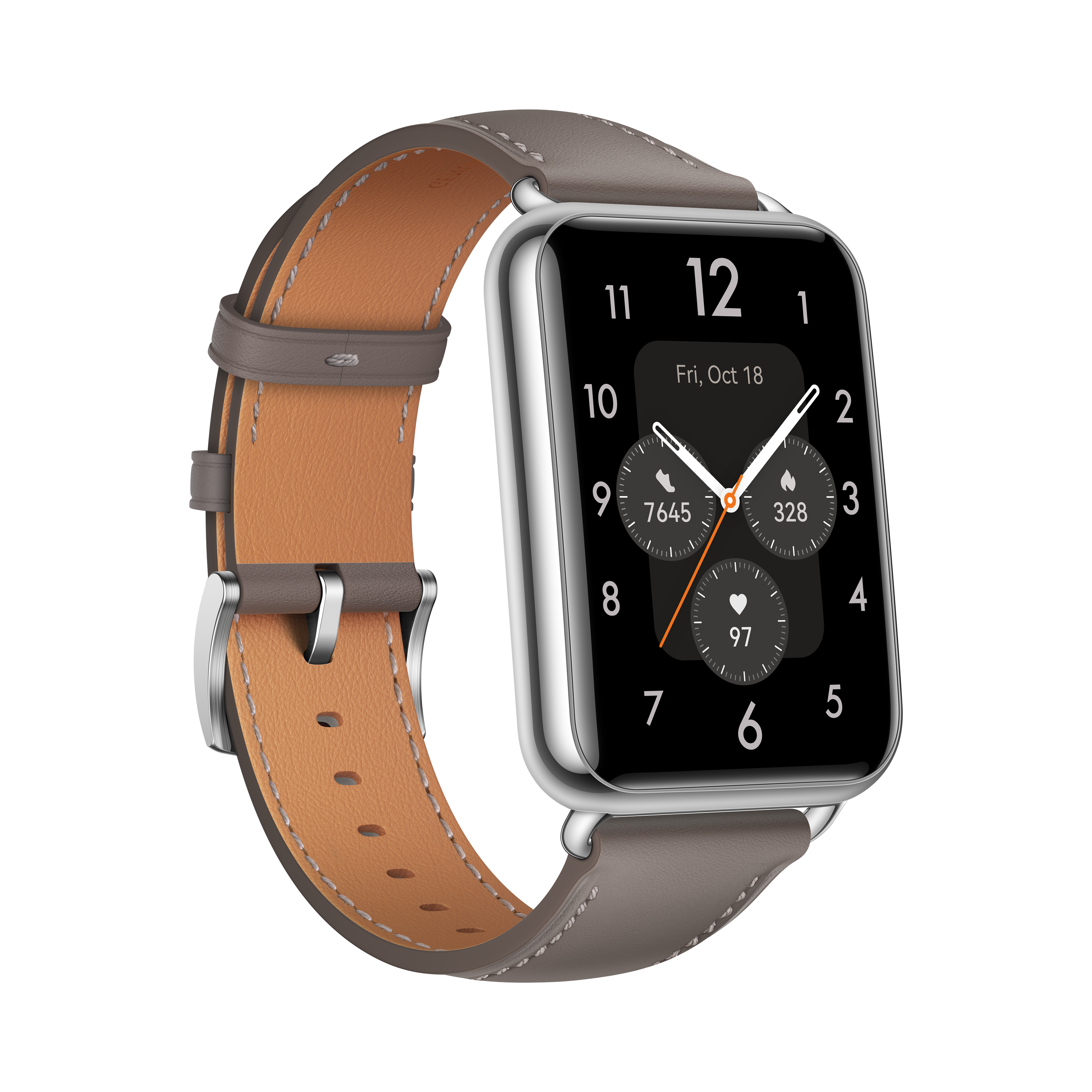 Un smartwatch con correa gris, mostrando hora y métricas en pantalla negra.
