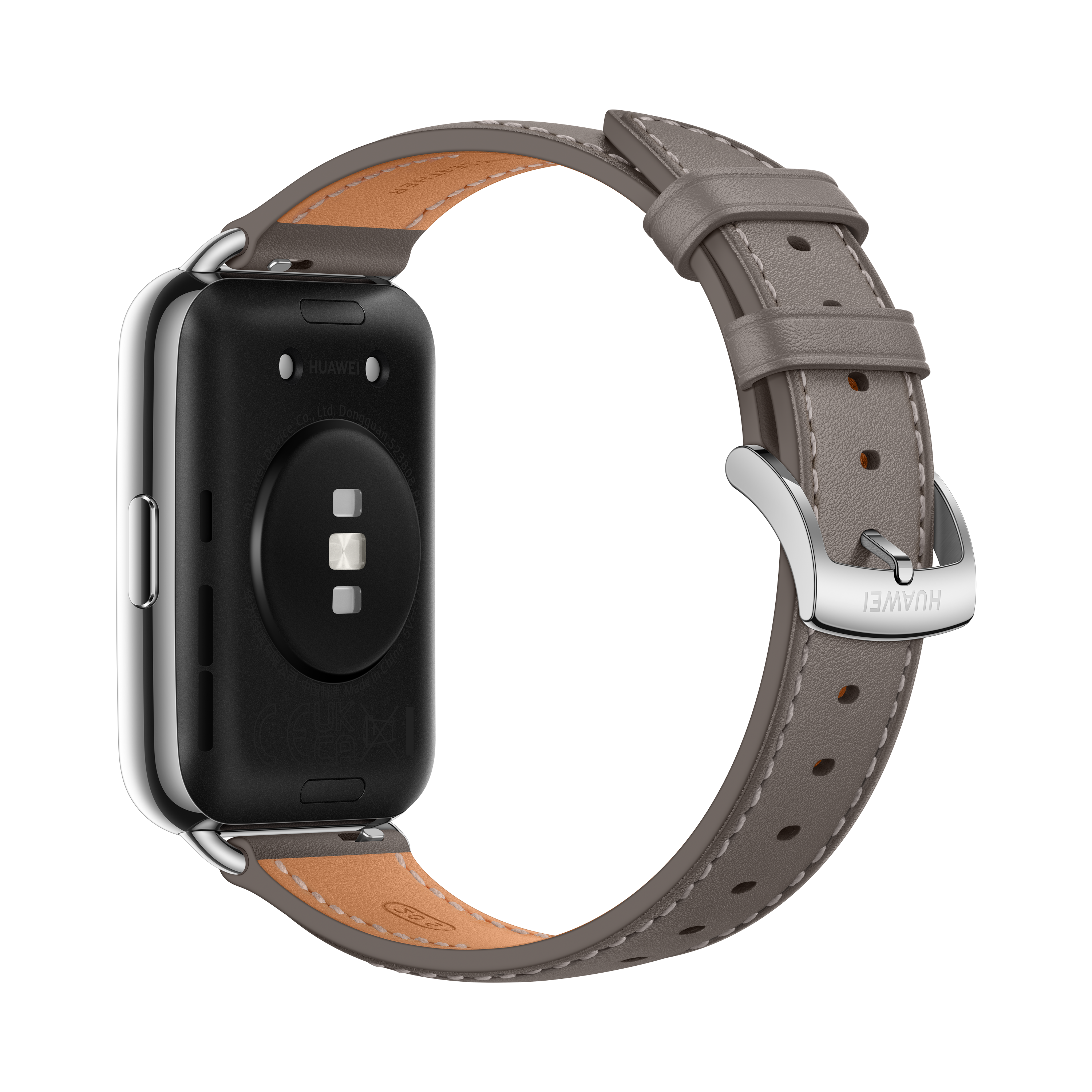 Smartwatch Huawei, vista trasera, correa de cuero gris, cuerpo negro, marco plateado.