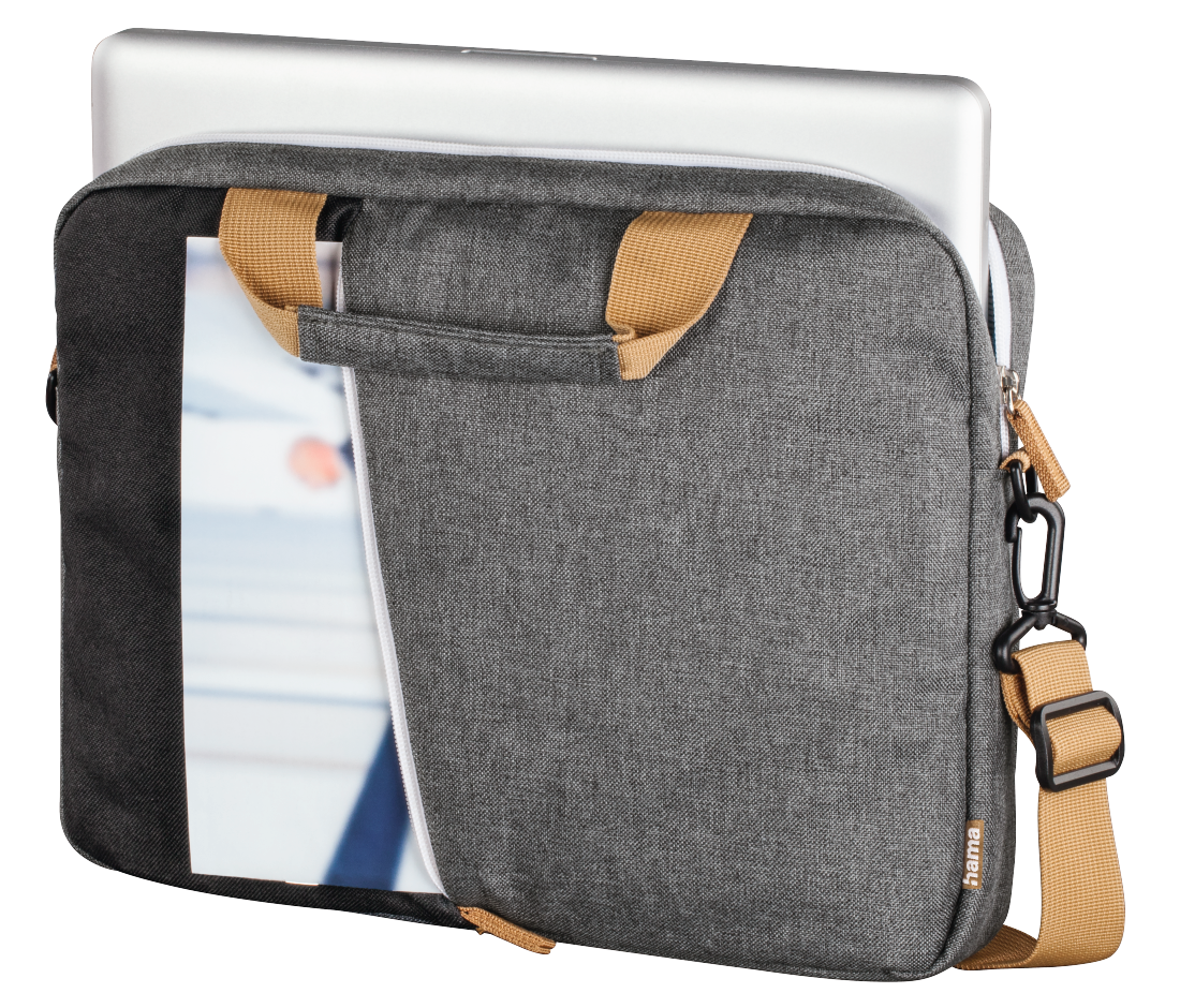 Szürke laptoptáska fogantyúval és pánttal, benne egy laptop és egy fehér dokumentum.