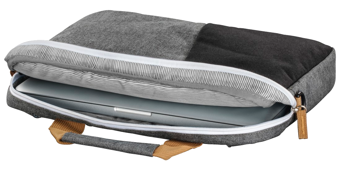 Nyitott laptop táska egy laptopal benne. A táska szürke, fekete és fehér.