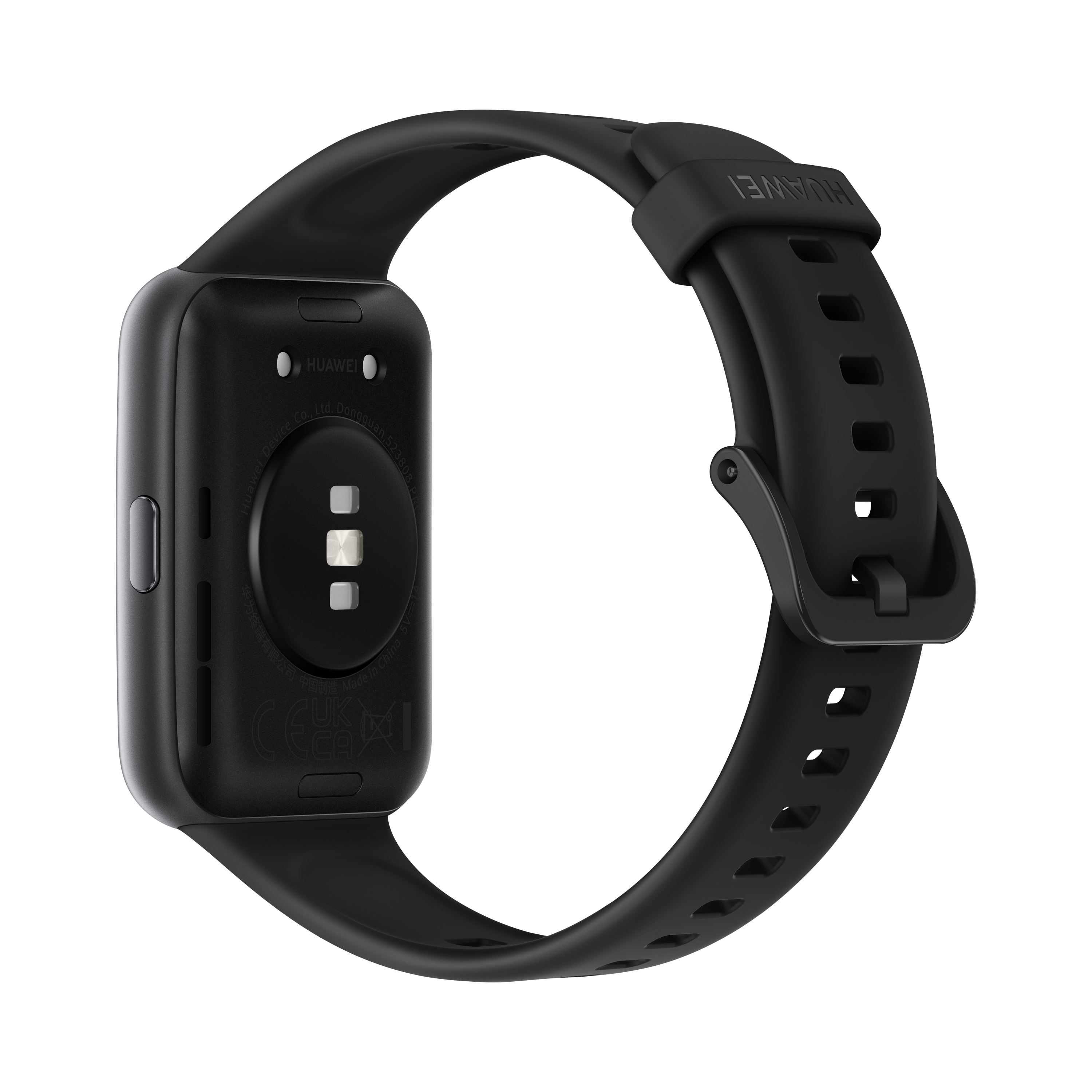 Un smartwatch Huawei negro, mostrando la parte inferior y la correa, sobre fondo negro.