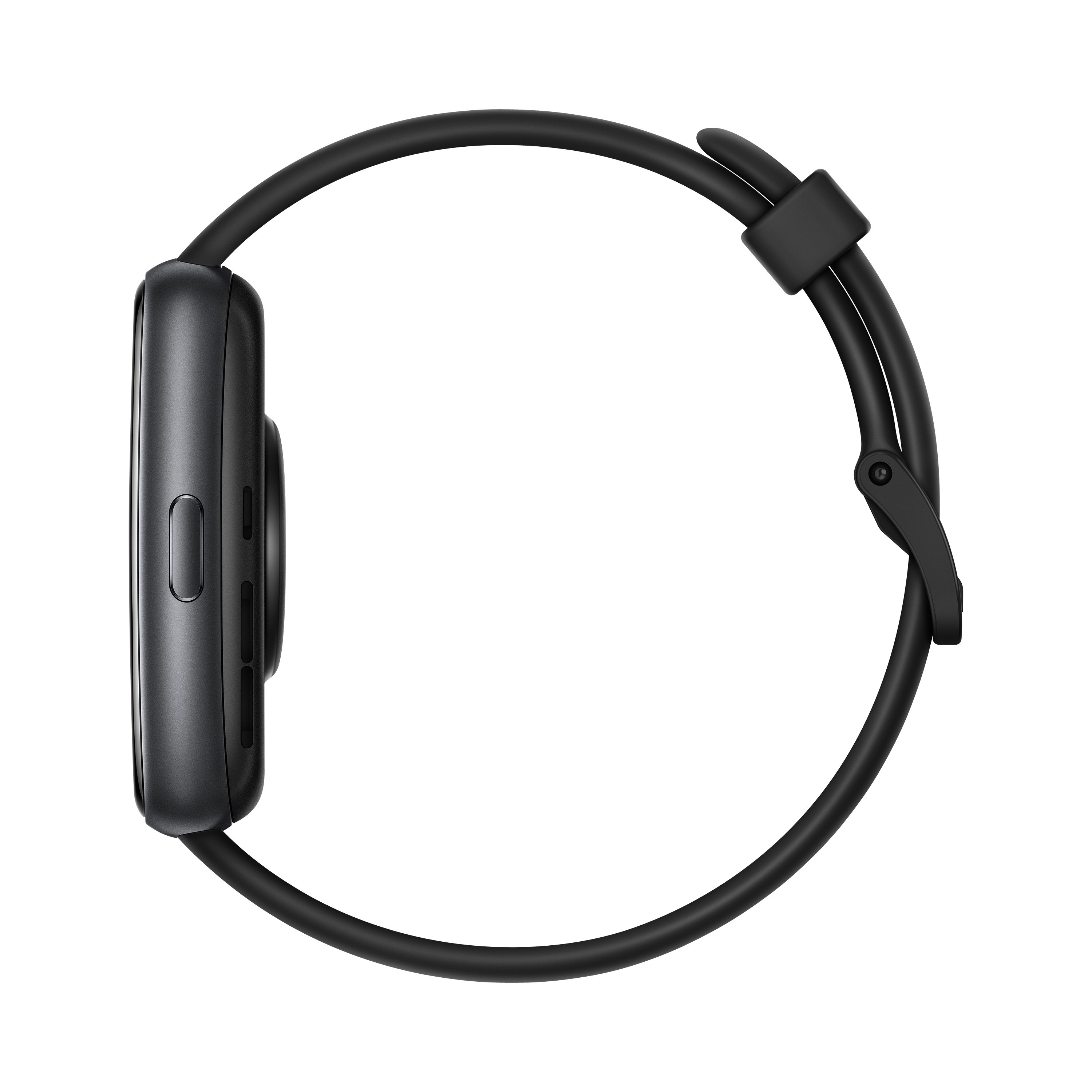 Reloj inteligente negro visto de lado. El reloj es rectangular con una correa negra.