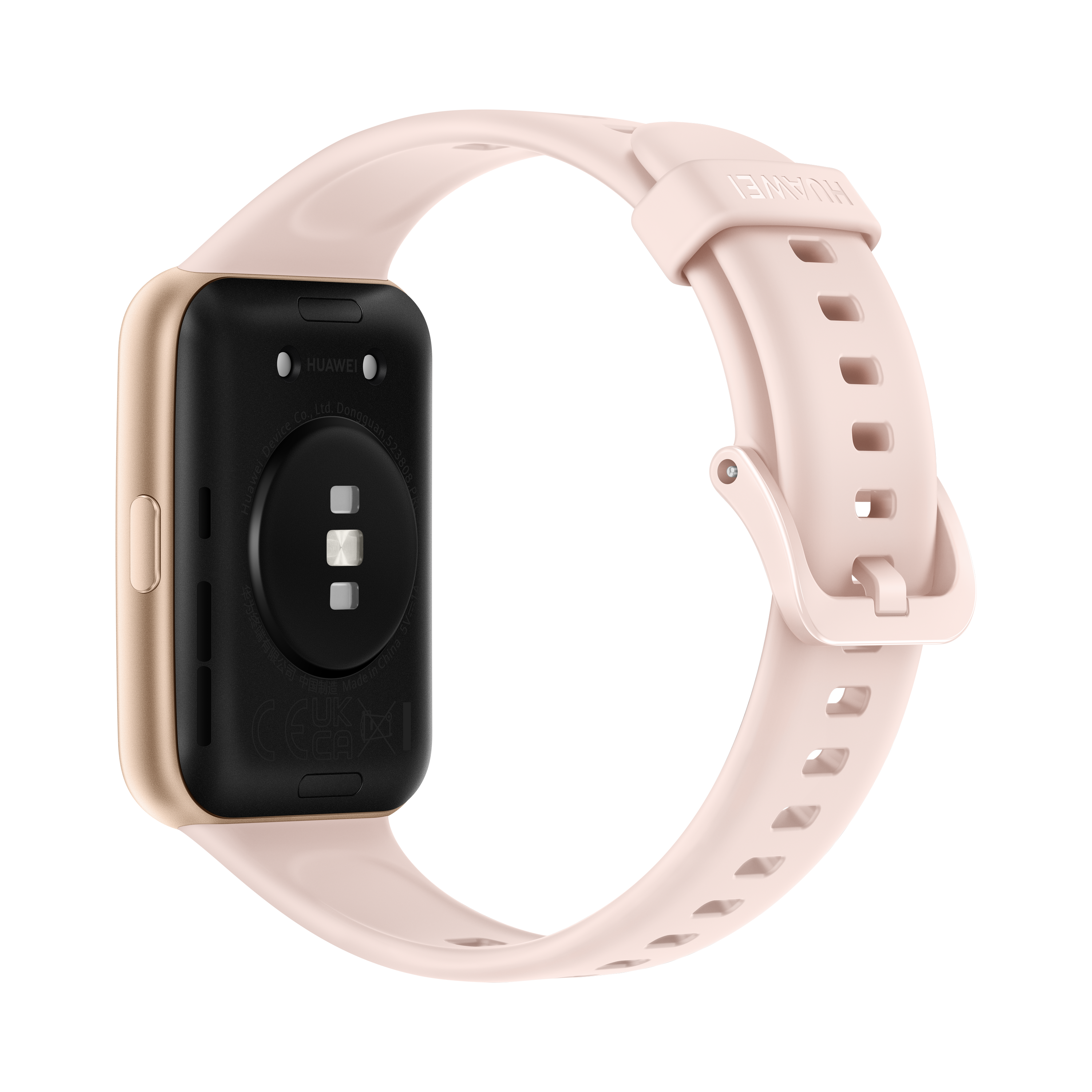 Smartwatch rosa con correa rosa claro. La pantalla es negra. Fondo negro.
